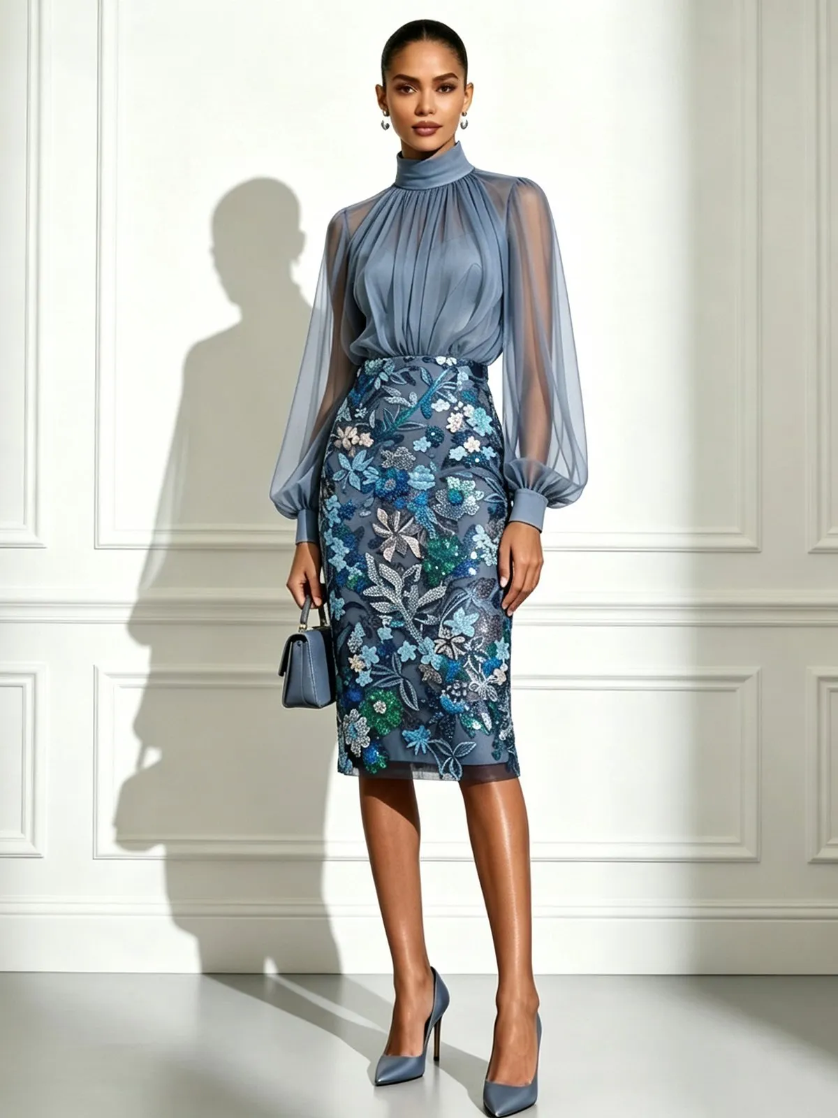 Blue Glitter Sequin Mock Neck Long Sleeve Balloon Sleeve Sheath Midi Dress