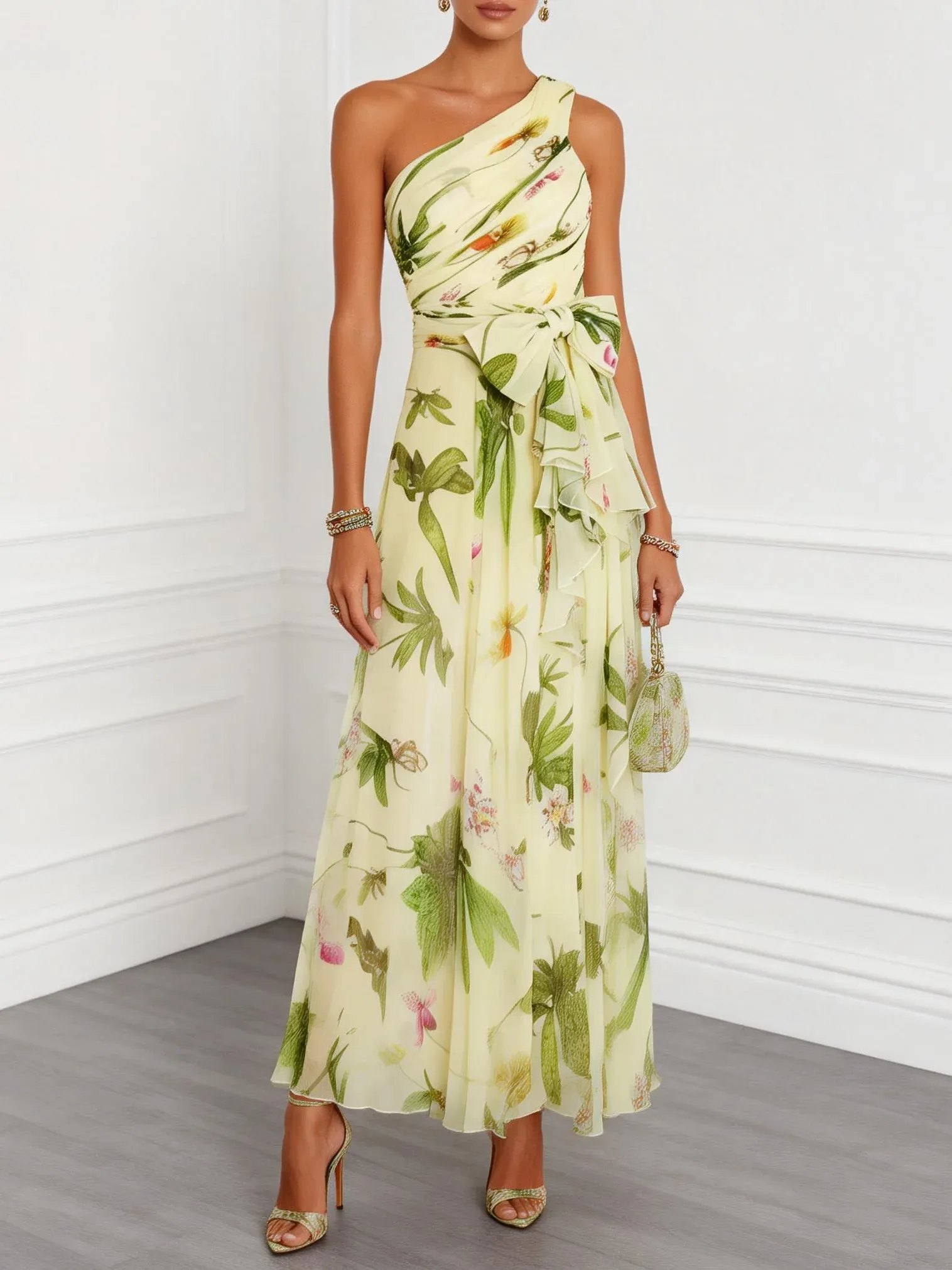 Yellow Floral Bow Chiffon One Shoulder Sleeveless A-Line Maxi Dress - Yellow