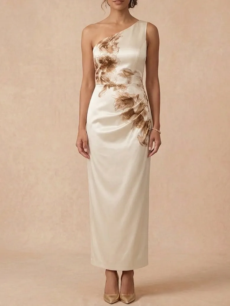 One-Shoulder Floral Satin Maxi Mother of the Bride Dress