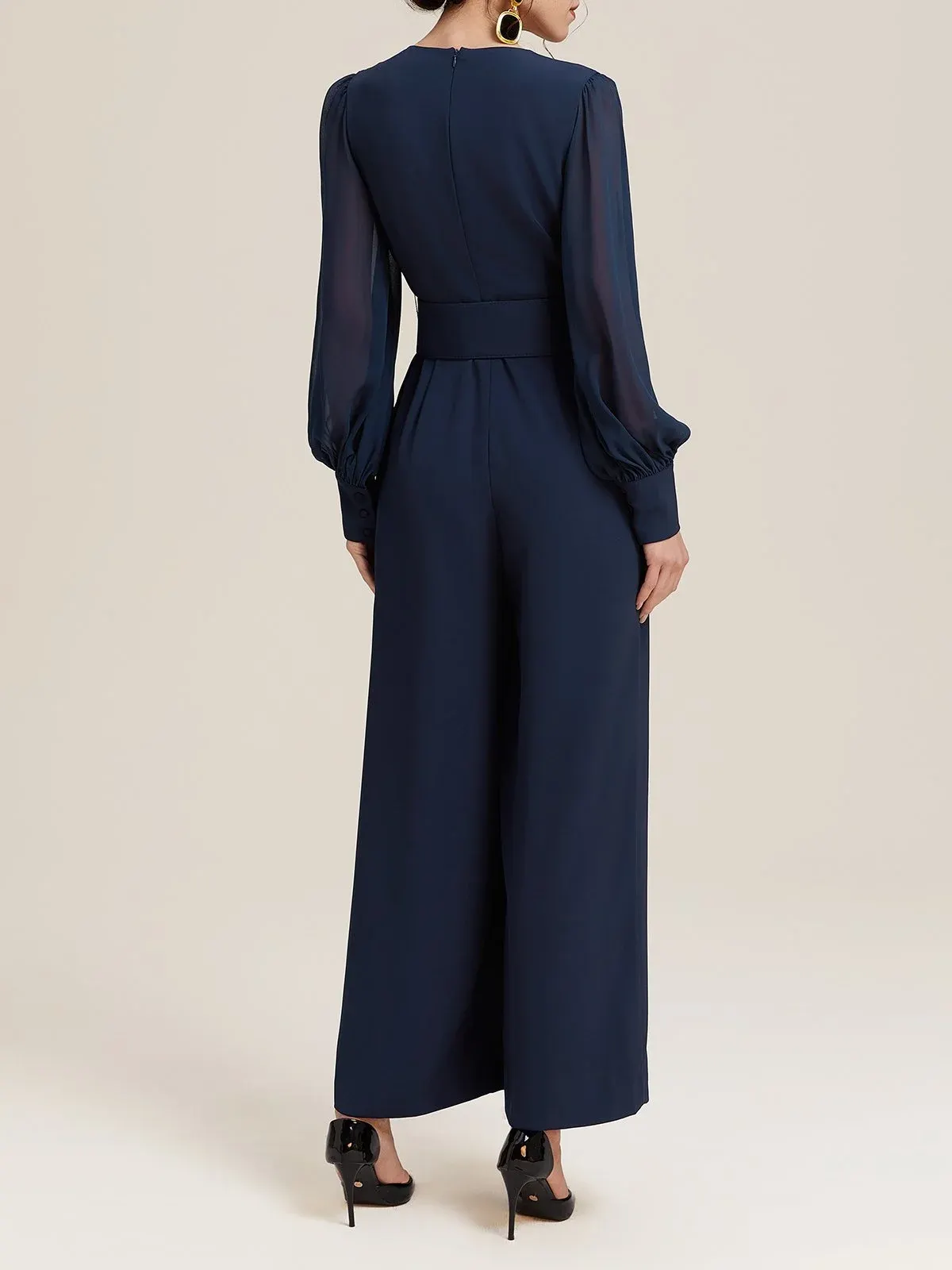 Dark Blue Mesh V Neck Balloon Sleeve Chiffon Wide-Leg Jumpsuit With Pockets