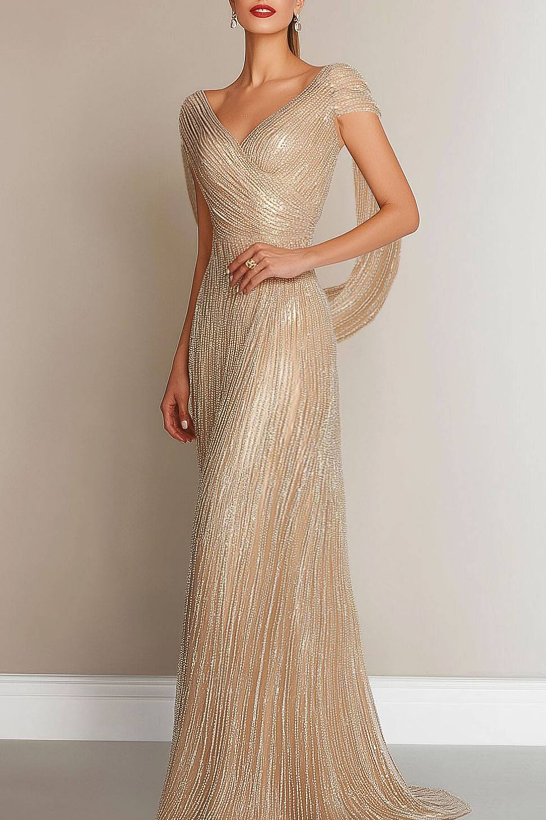 Formal Evening Gold Gown V-Neck Drop Maxi Dress - Gold