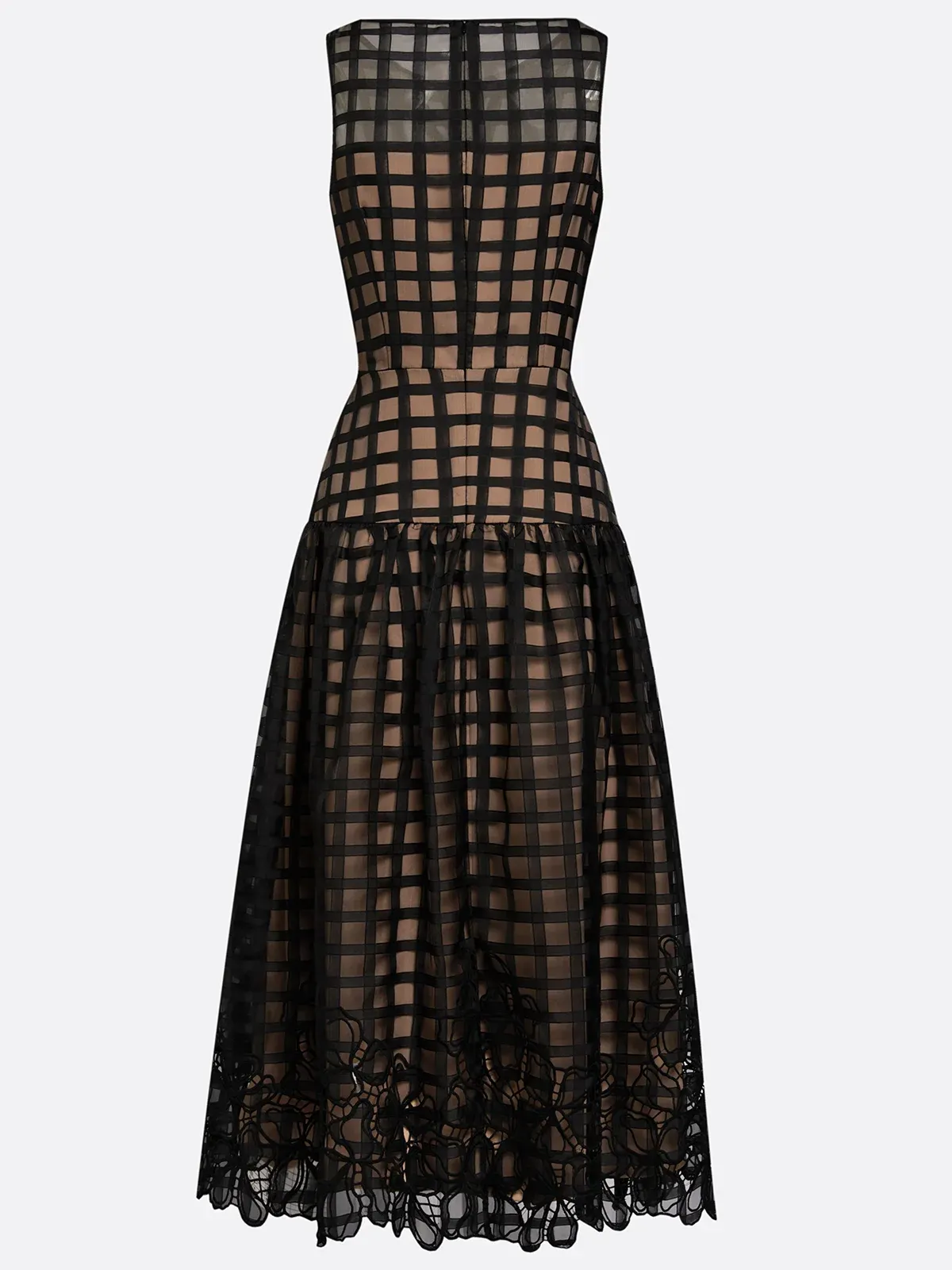 Black Floral Plaid Classic Boat Neck Sleeveless A-Line Midi Dress
