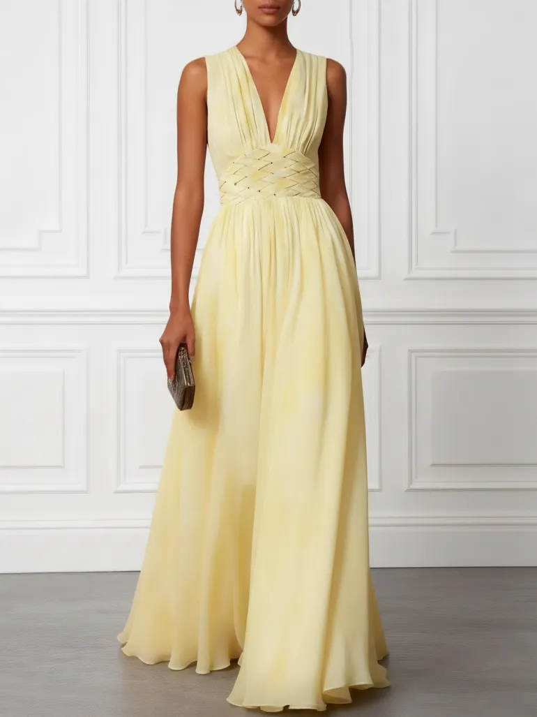 Yellow Woven Chiffon V Neck Sleeveless A-Line Maxi Dress - Yellow
