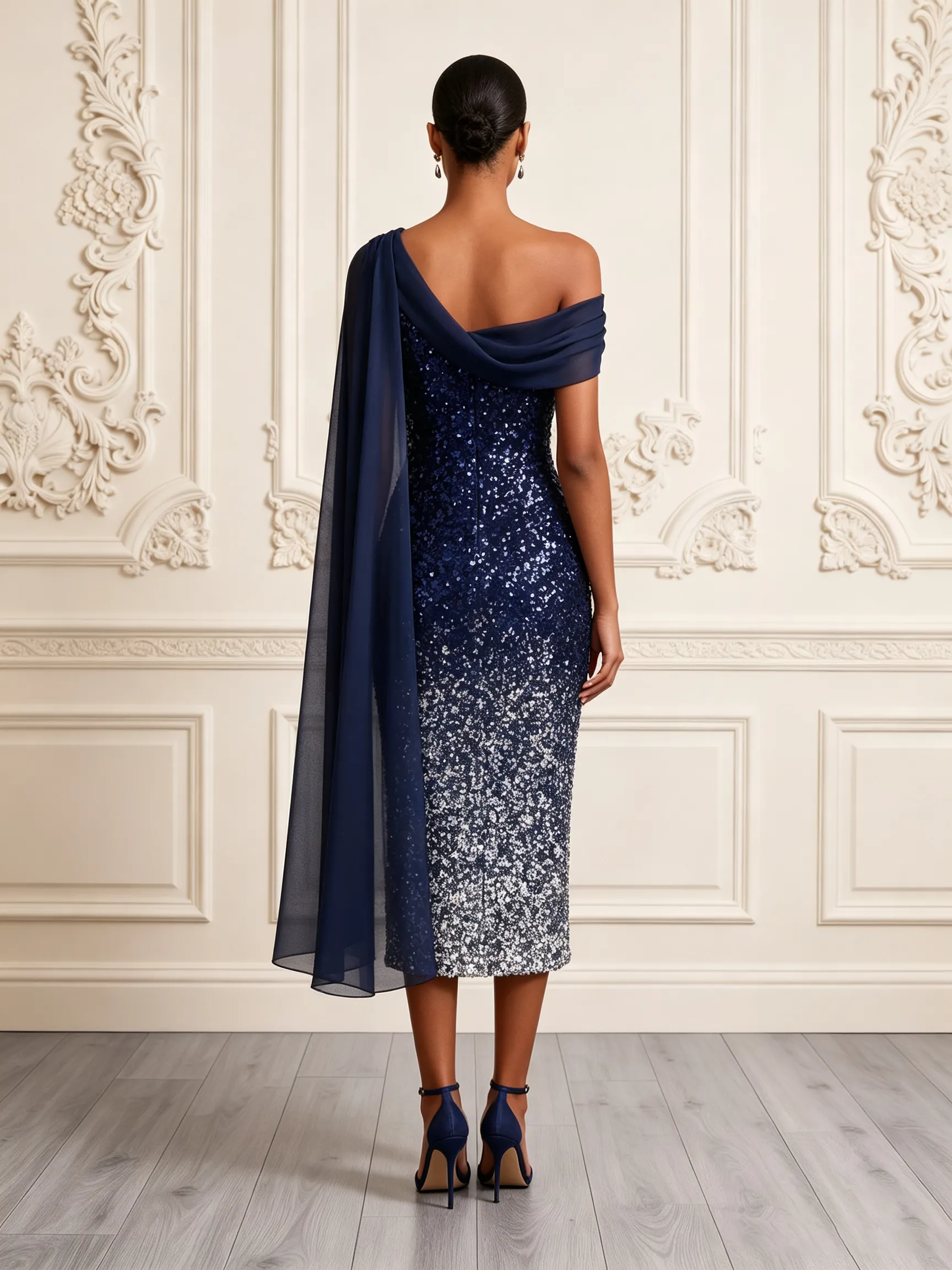 Navy Blue Ruched Sequin Asymmetrical Short Sleeve Sheath Midi Dress