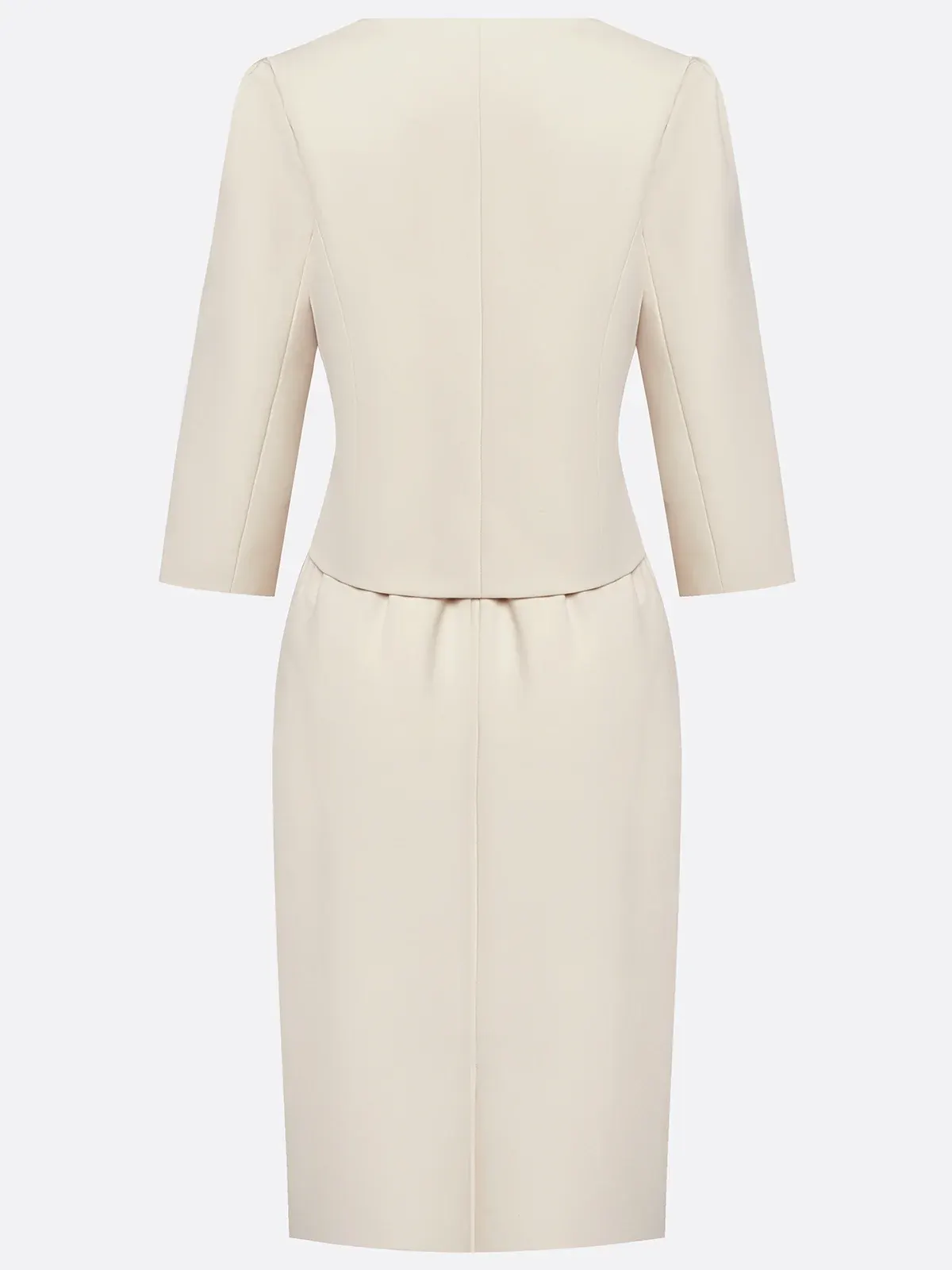 Women Beige Buckle U-Neck Half Sleeve Dressy Coat With Skirt Two-Piece Set