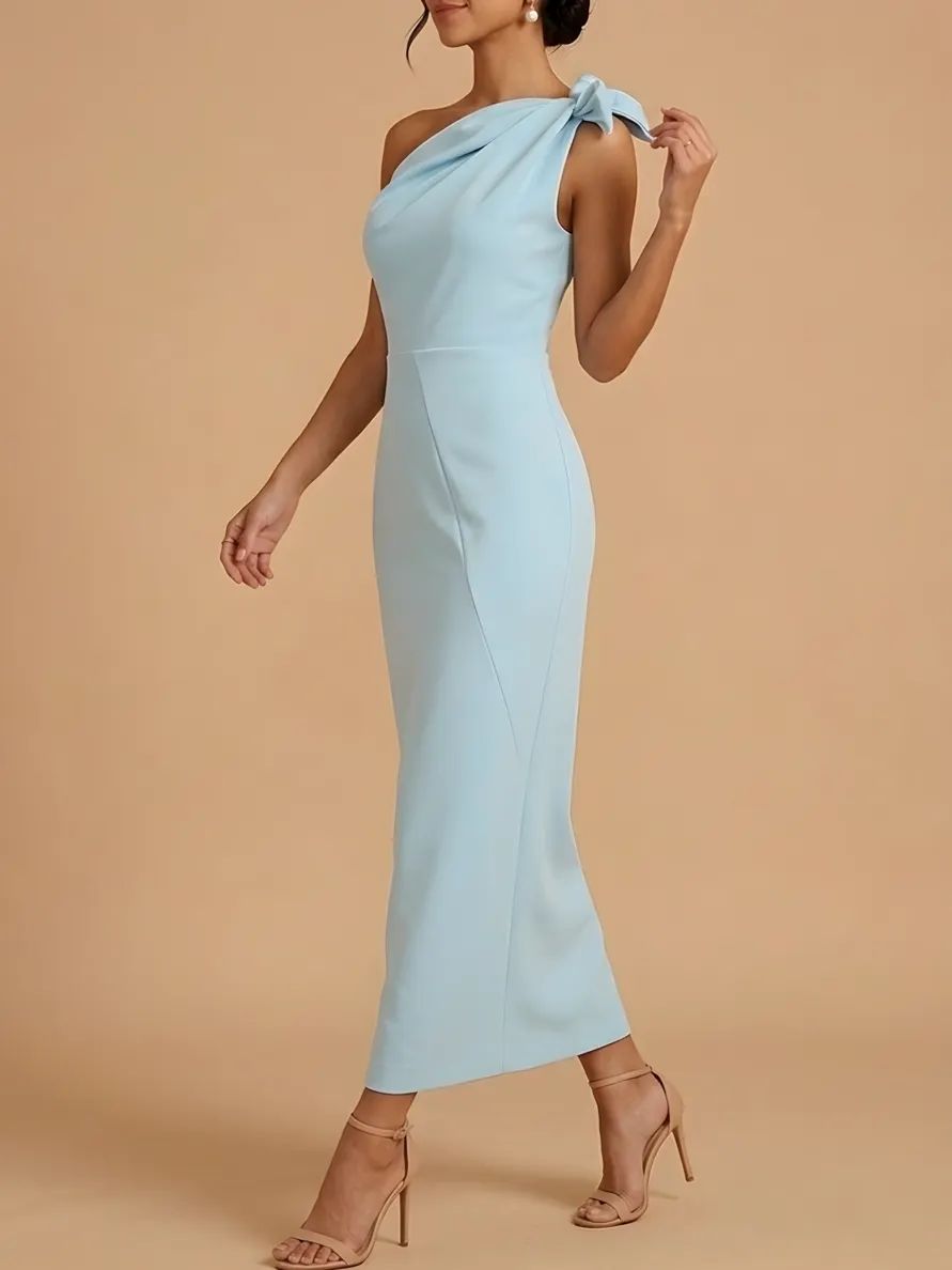Light Blue One Shoulder Bow Knot Ruched Maxi Bridesmaid Dress