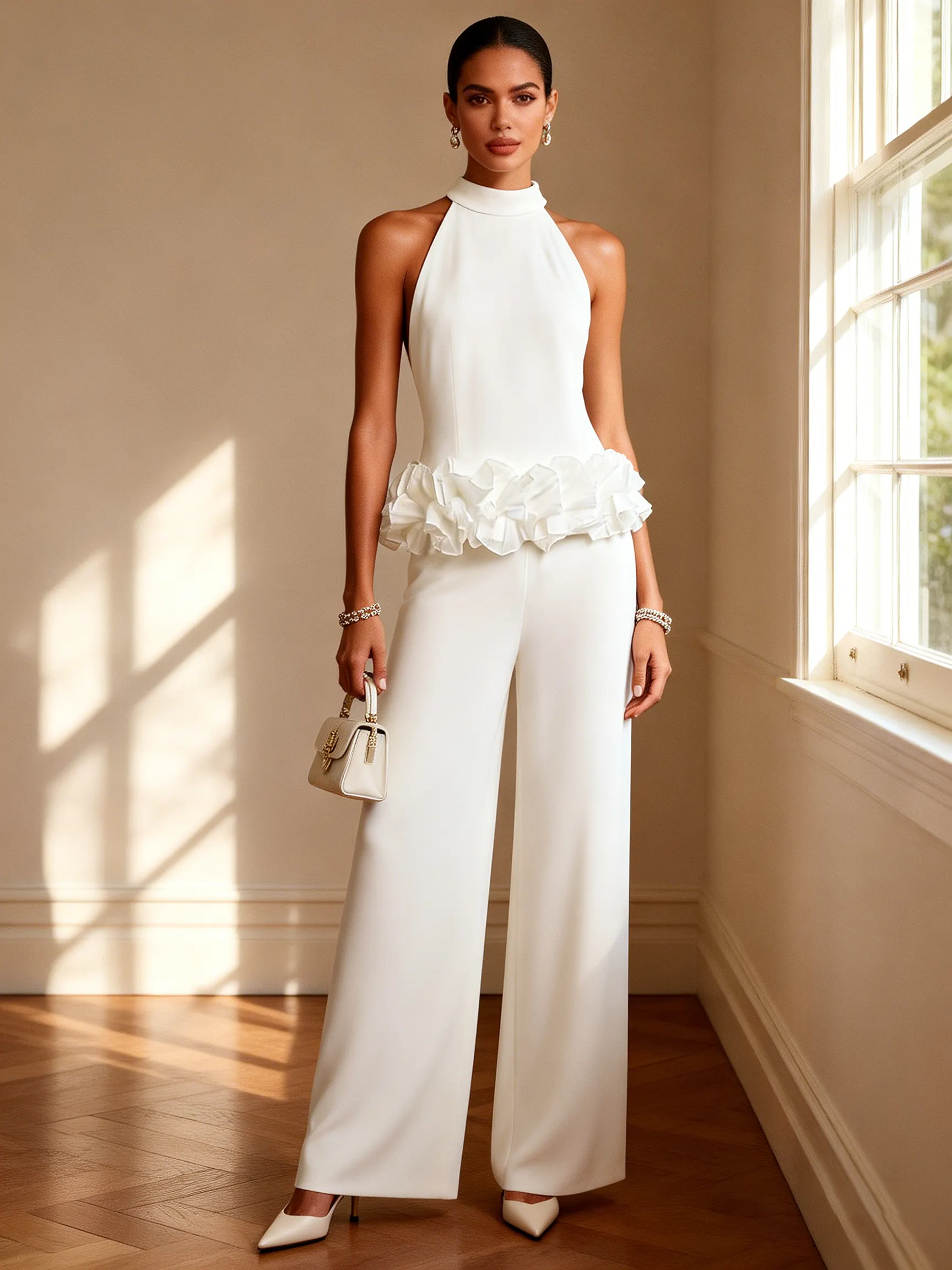 Women Off White 3D Floral Halter Neck Sleeveless Dressy Top With Pants Two-Piece Set