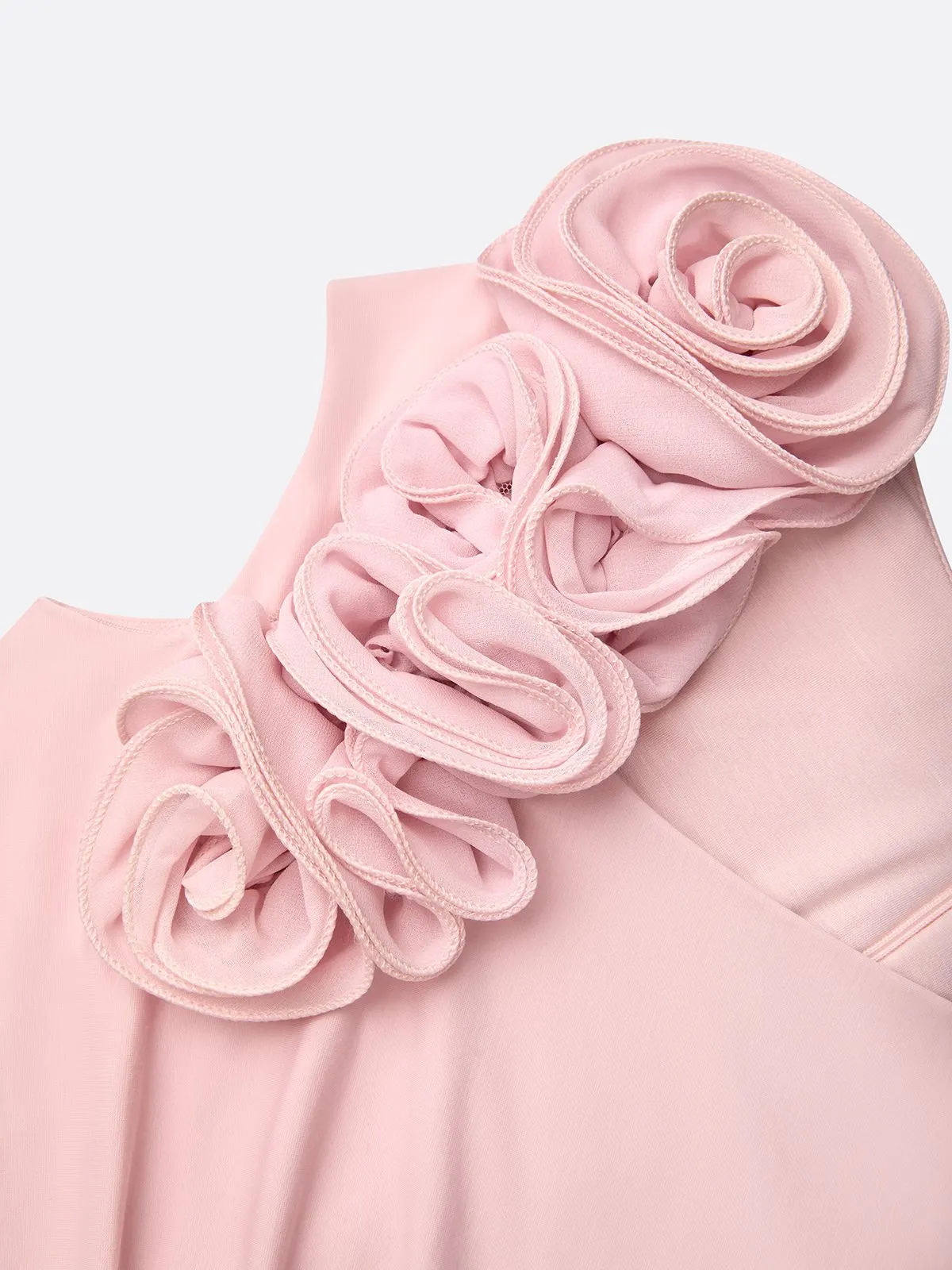Dusty Pink 3D Rosette Shoulder Ruched Midi Bridesmaid Dress