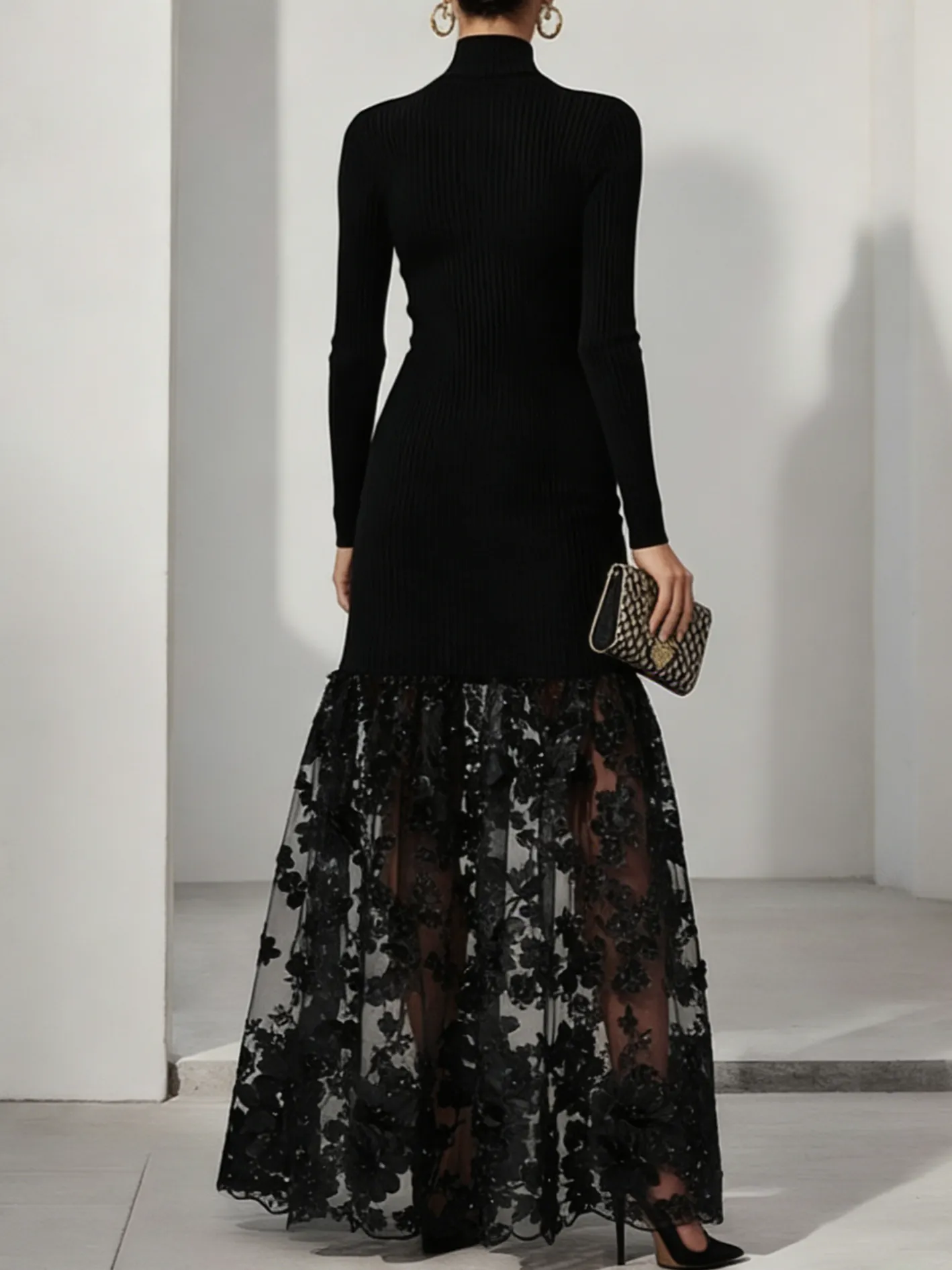 Black Mesh Floral Appliqué Knit Mock Neck Long Sleeve A-Line Maxi Dress