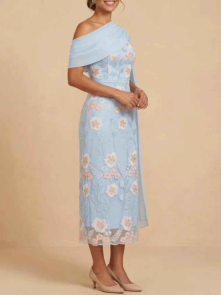 Light Blue Floral Embroidered Lace Mother of the Bride Dress with Chiffon Cape Overlay