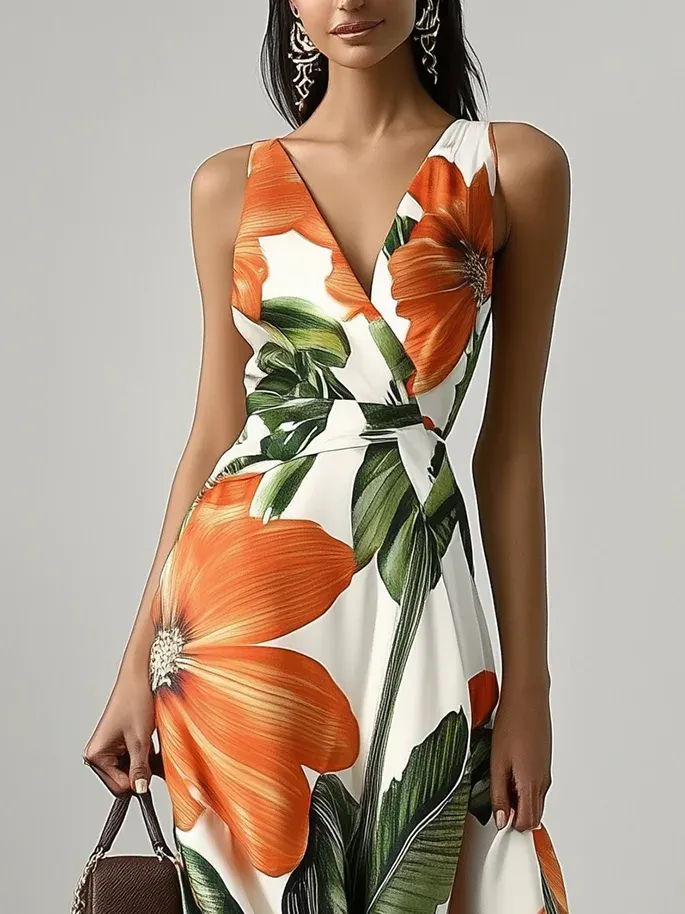 Orange Floral Satin V Neck Sleeveless A-Line Maxi Dress With Pockets