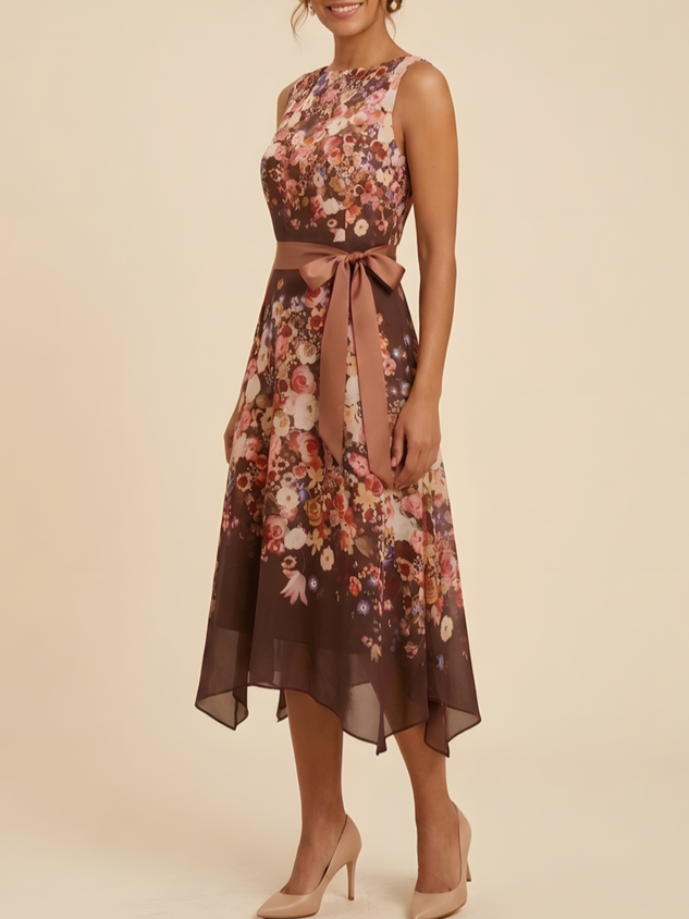A-Line Floral Midi Chiffon Mother of the Bride Dress