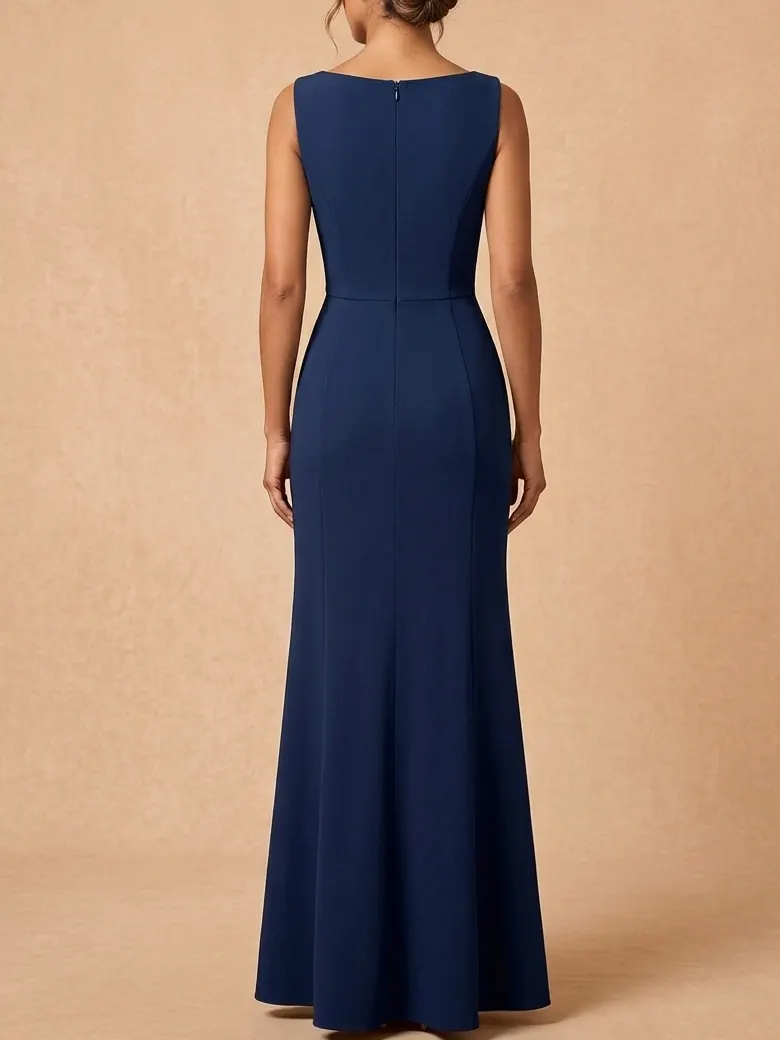 Navy Blue 3D Floral Classic Boat Neck Sleeveless Sheath Gown Dress