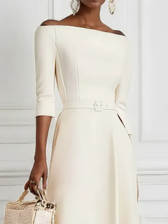 White Classic Off The Shoulder Half Sleeve A-Line Maxi Dress