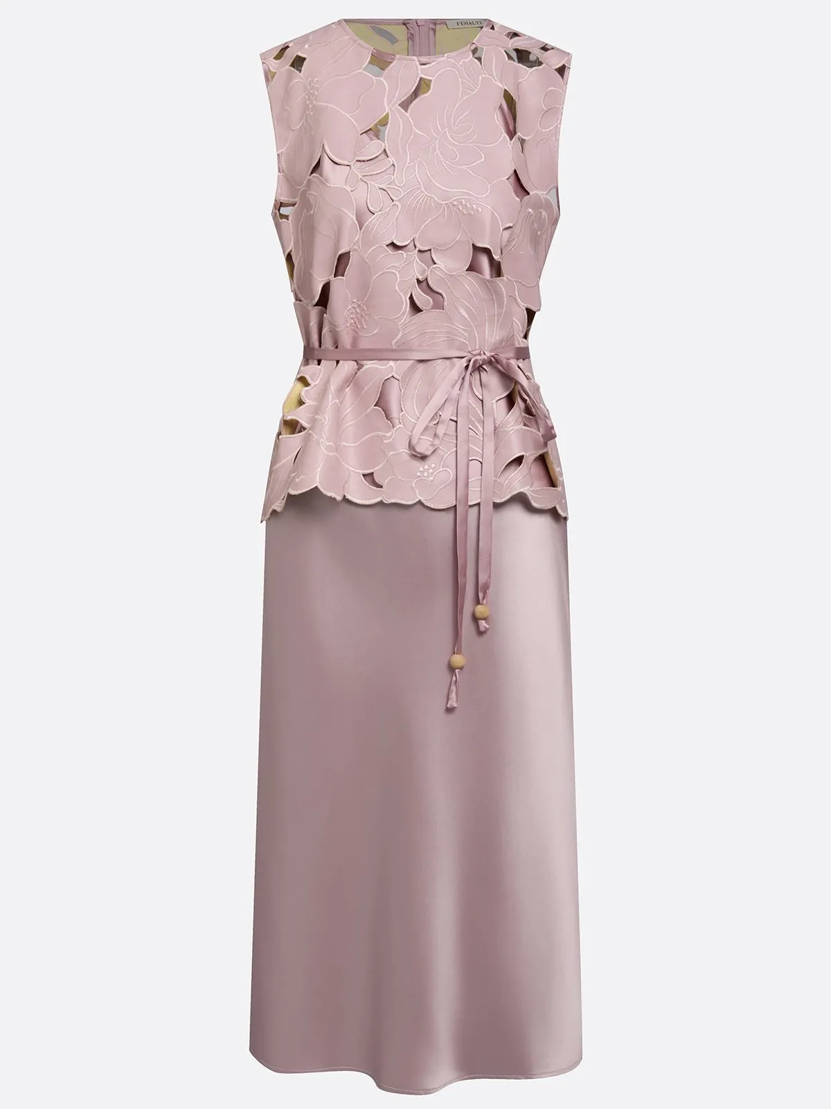 Women Pink Lace Crew Neck Sleeveless Elegant Dress With Top Two-Piece Set