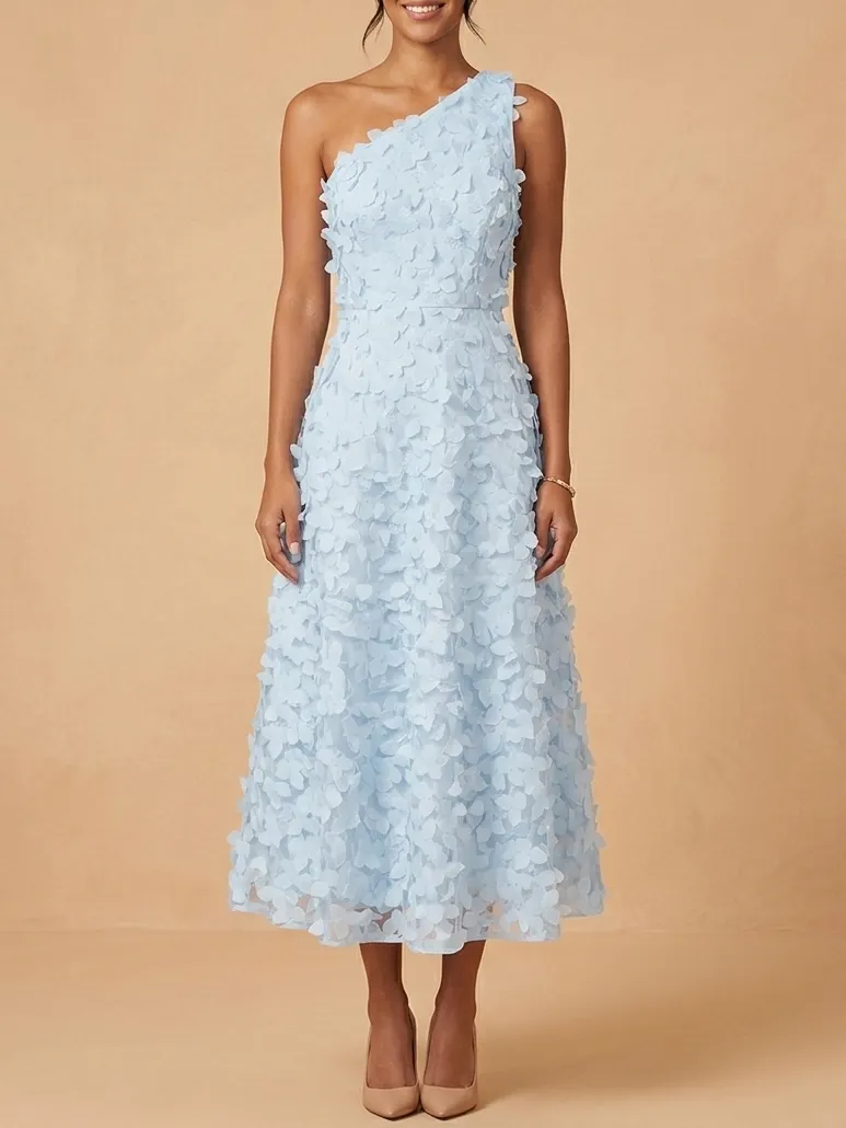 One Shoulder 3D Floral Applique Midi Dress - Elegant Light Blue Mother of the Bride & Groom Gown