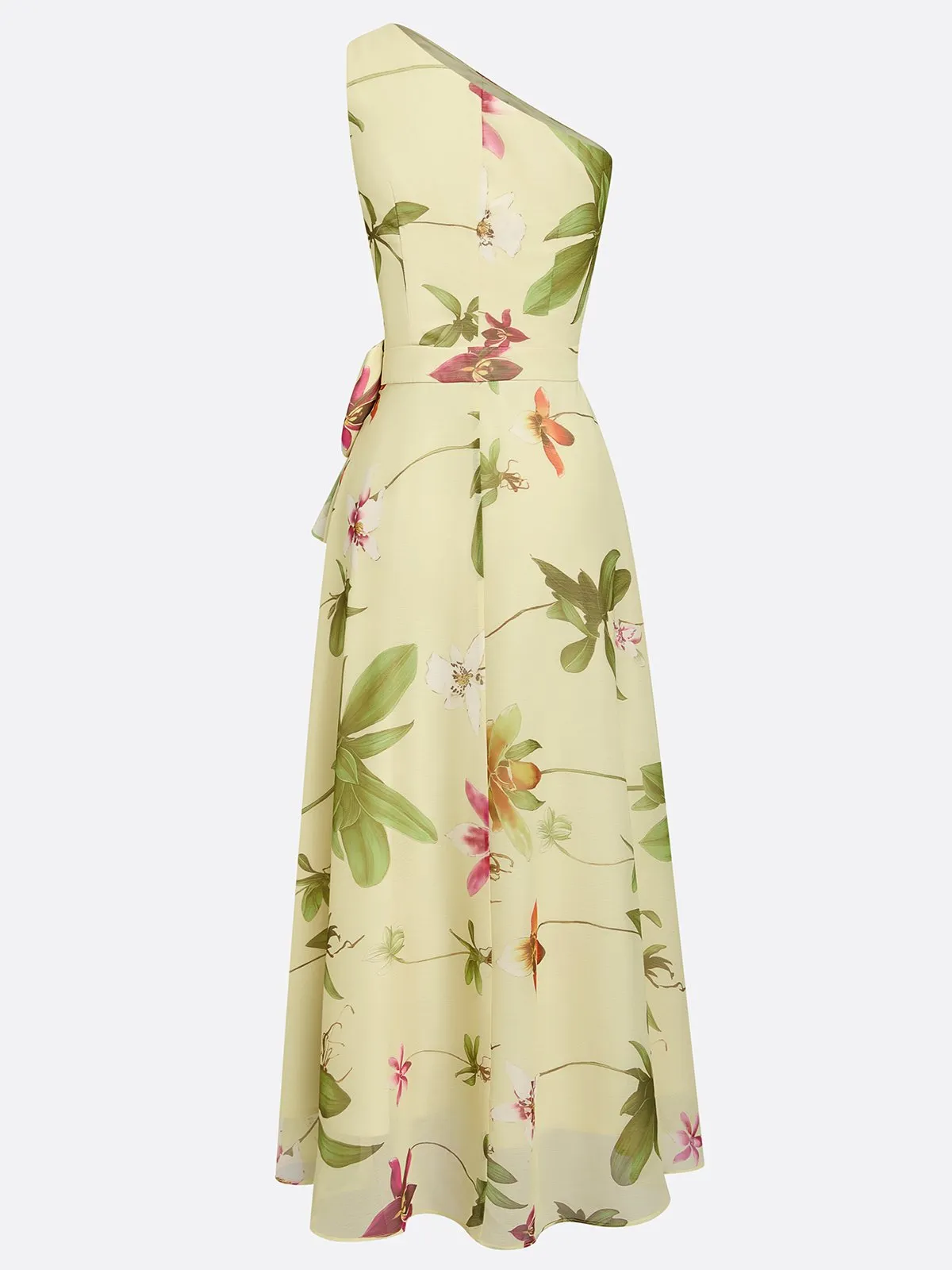 Yellow Floral Bow Chiffon One Shoulder Sleeveless A-Line Maxi Dress