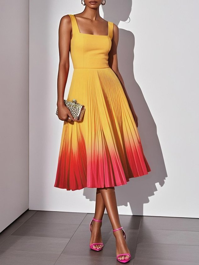 Yellow Pleated Ombre Classic Square Neck Sleeveless A-Line Midi Dress
