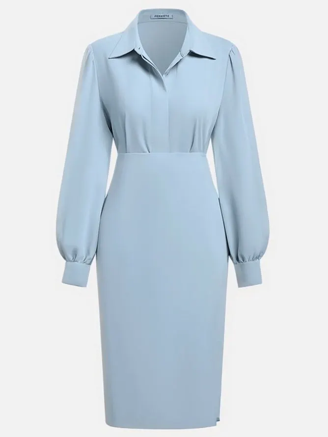 Women Light Blue Ruched Shirt Collar Long Sleeve Dressy Top With Skirt Two-Piece Set
