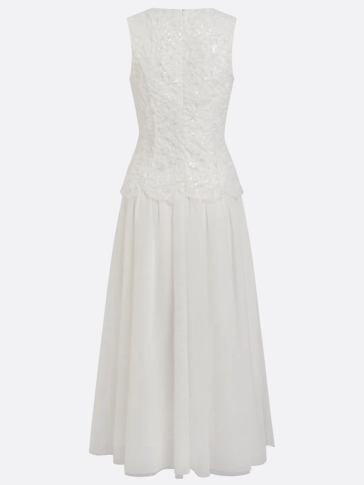 White Lace Classic Crew Neck Sleeveless A-Line Maxi Dress