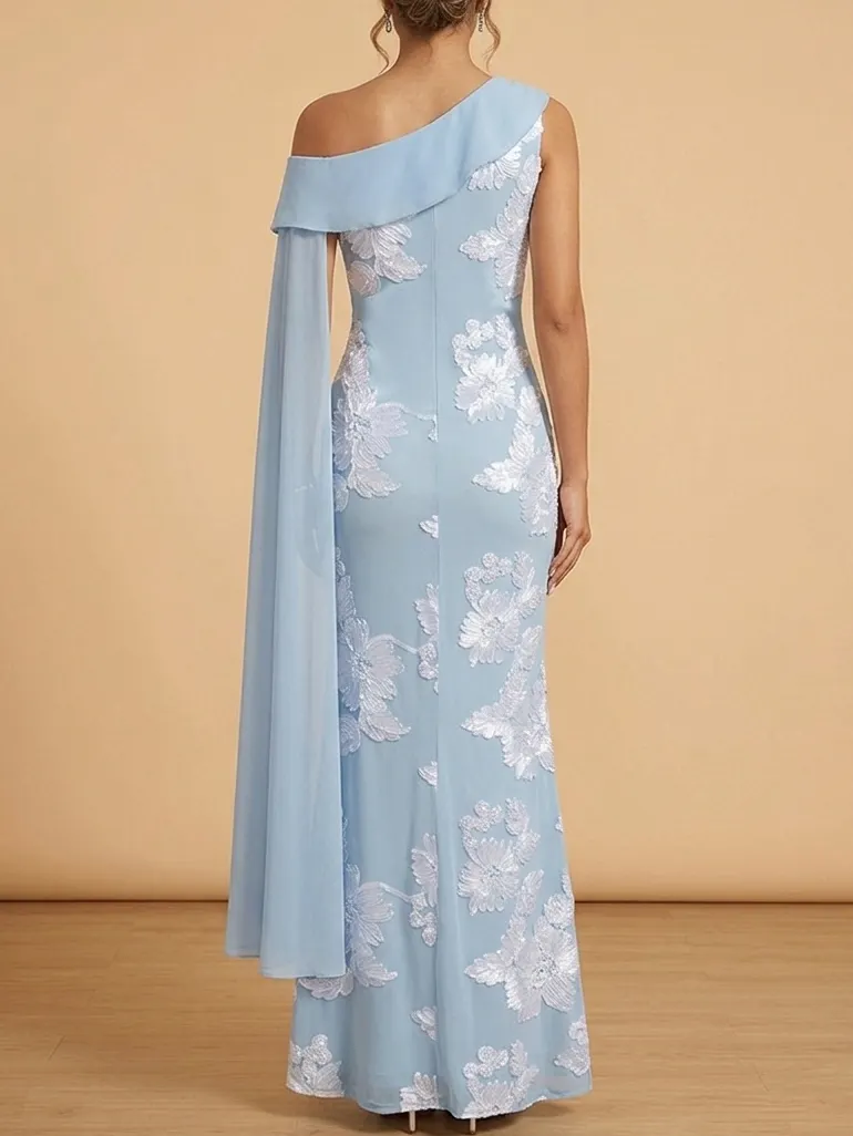 Light Blue One-Shoulder Cape Maxi Dress - Jacquard Mother of the Bride Gown - Light Blue