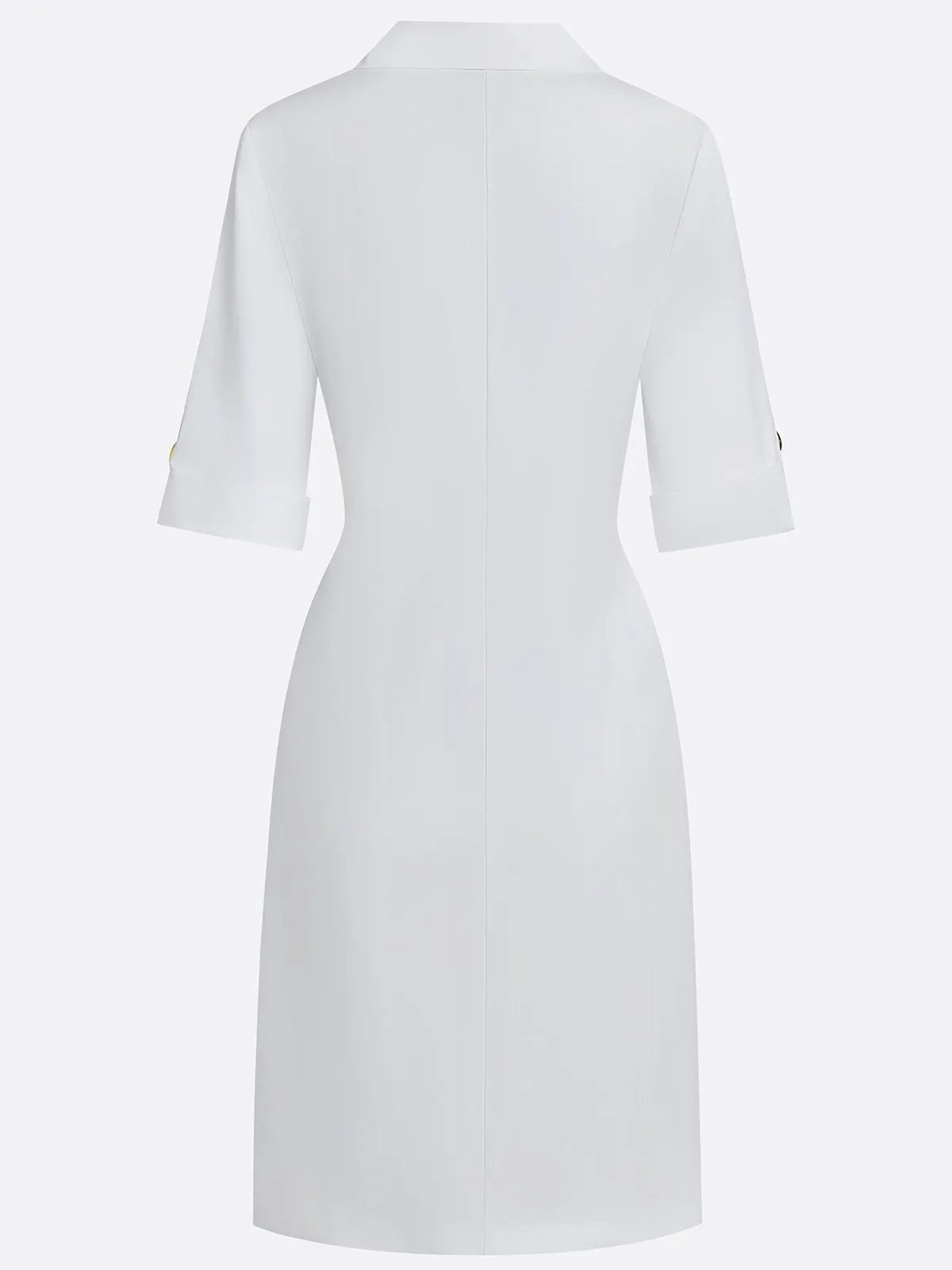 White Buckle Cotton Shirt Collar Short Sleeve Sheath Midi  Dress