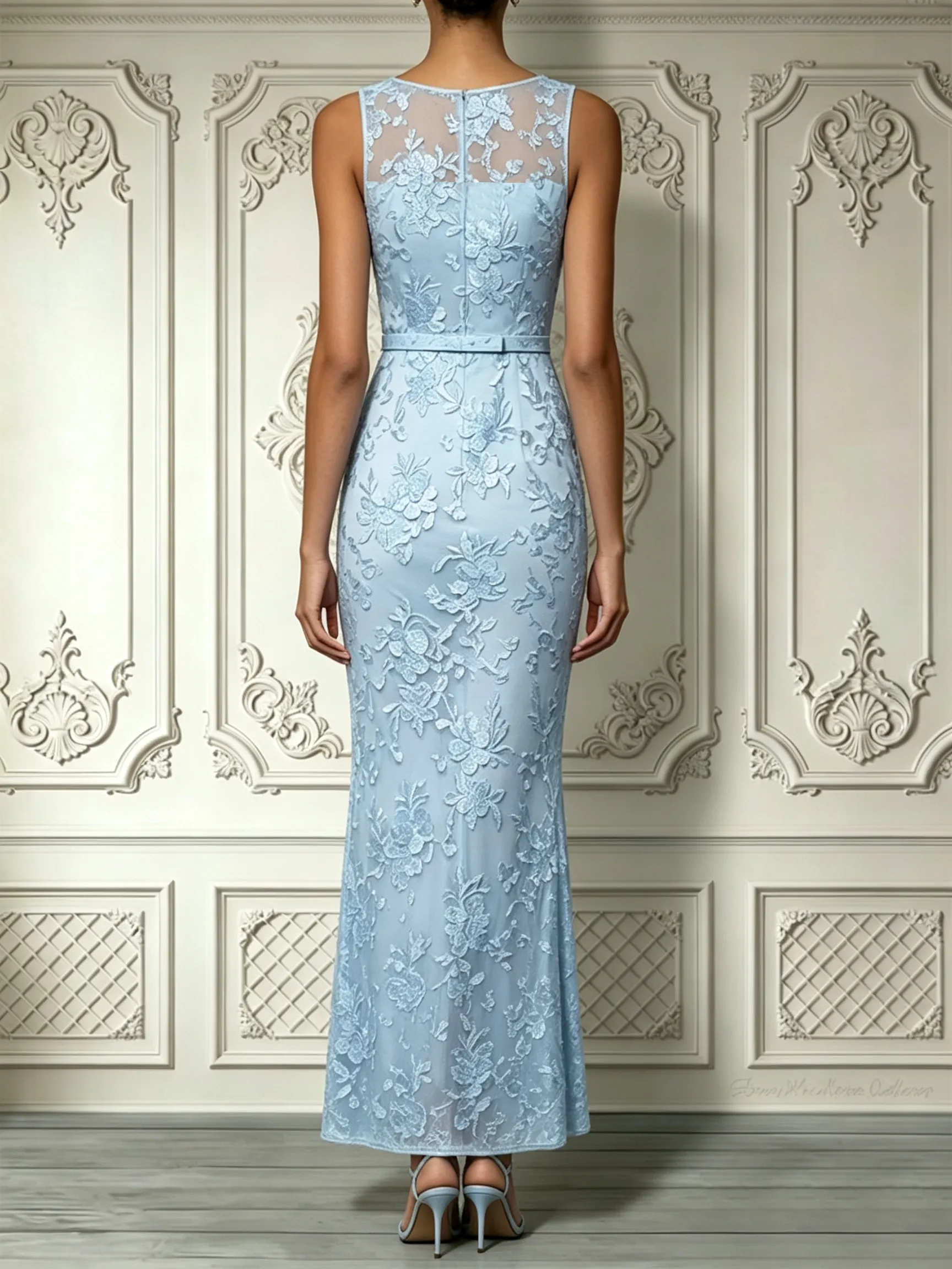 Light Blue Lace Jacquard Boat Neck Sleeveless Mermaid Floor-length Gown Dress