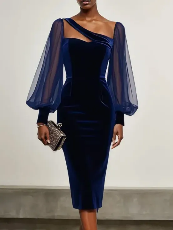 Purplish Blue Mesh Balloon Sleeve Sheath Midi Velvet Dress