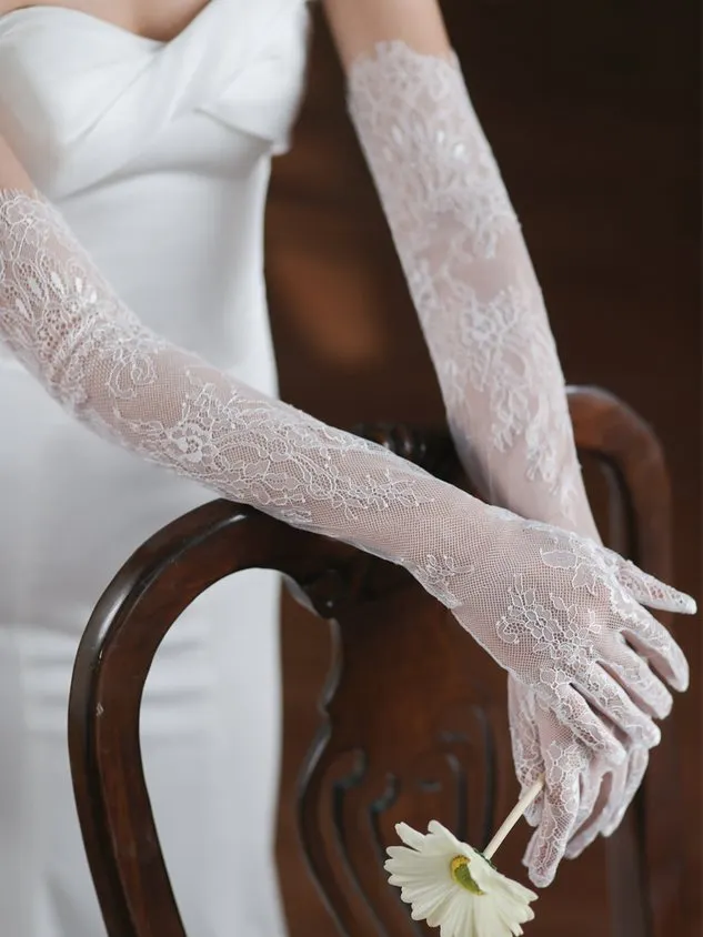 Floral Urban LaceBridal Ethereal White Floral Lace Tulle Tassel Gloves