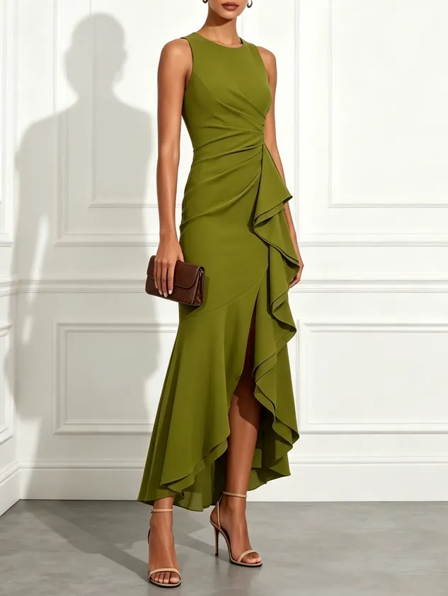 Green Ruffled Knit Crew Neck Sleeveless Bodycon Maxi Dress