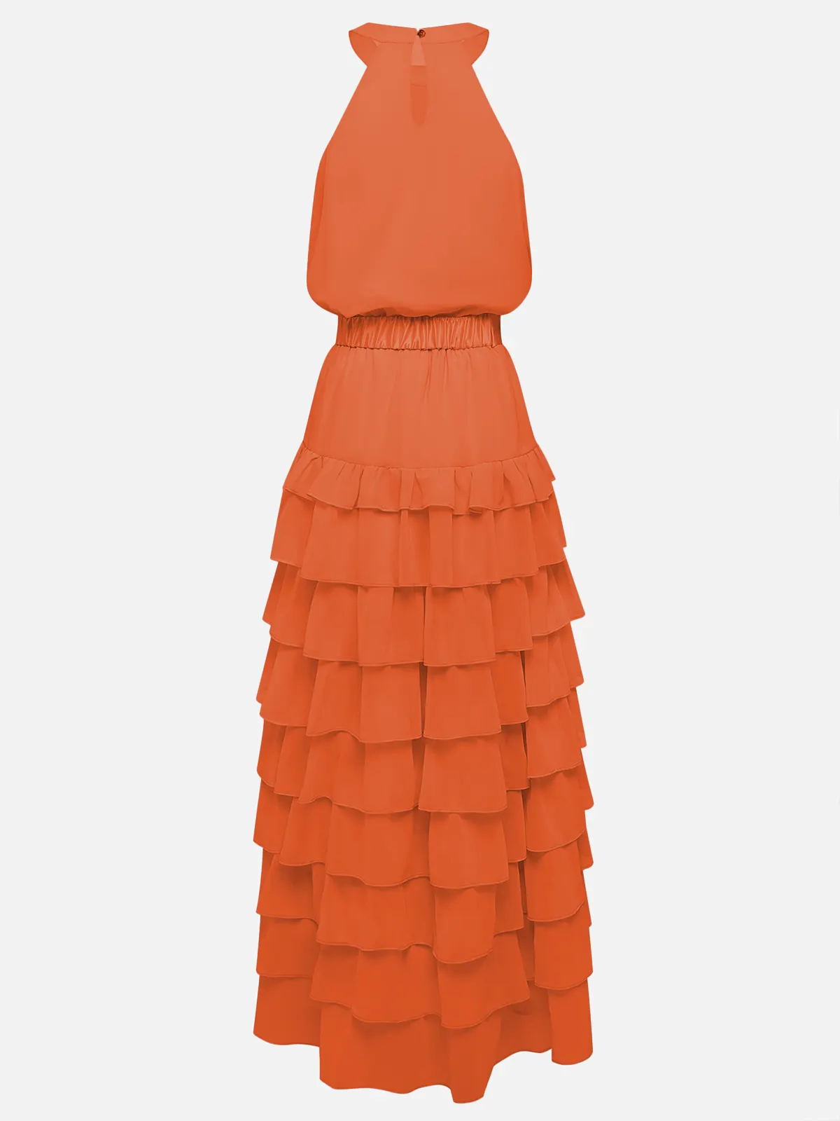 Burnt Orange Halter Tiered Ruffle Maxi Bridesmaid Dress