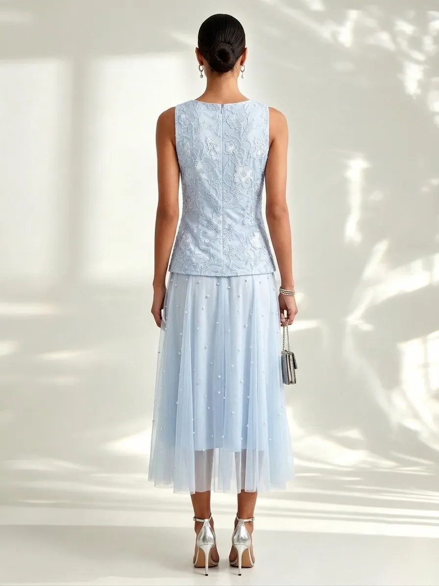 Light Blue Lace Pearl Jacquard Lace Boat Neck Sleeveless A-Line Maxi Dress