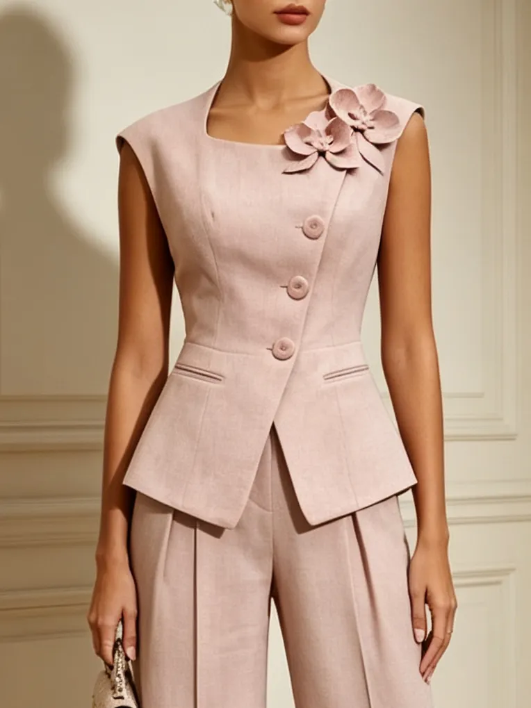 Women Pink 3D Floral Square Neck Sleeveless Dressy Top With Pants Two-Piece Set