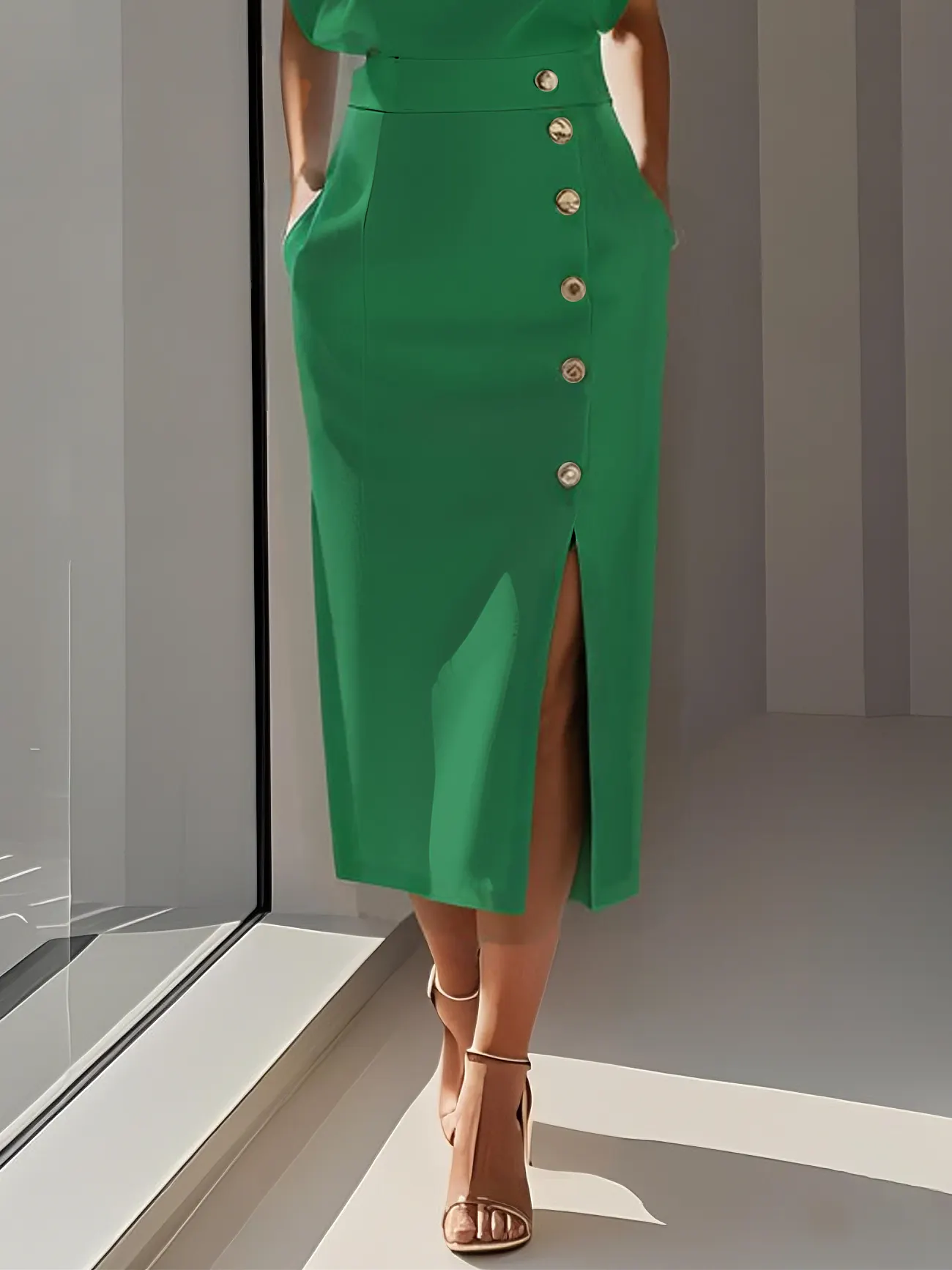 Green Buttoned Side-Slit Classic Crew Neck Sleeveless Sheath Midi Dress - Green