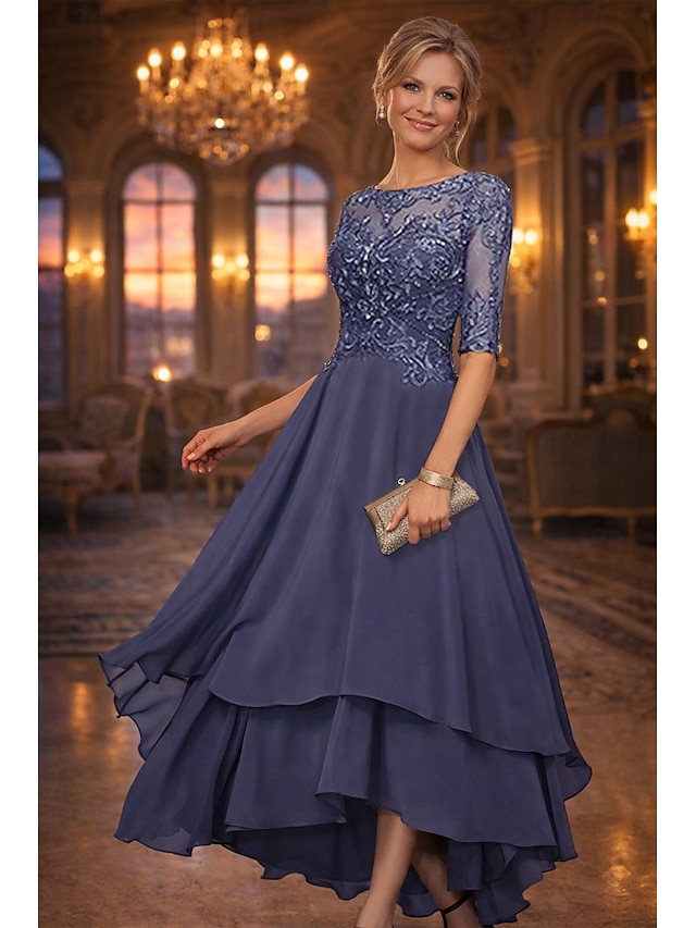 A-Line Asymmetrical Party Dress Cocktail Dress Wedding Guest Dress Mother of the Bride Dress Half Sleeve Crew Neck Elegant Simple Formal Wedding Guest Formal Evening with Lace Solid Color - Cornflower blue
