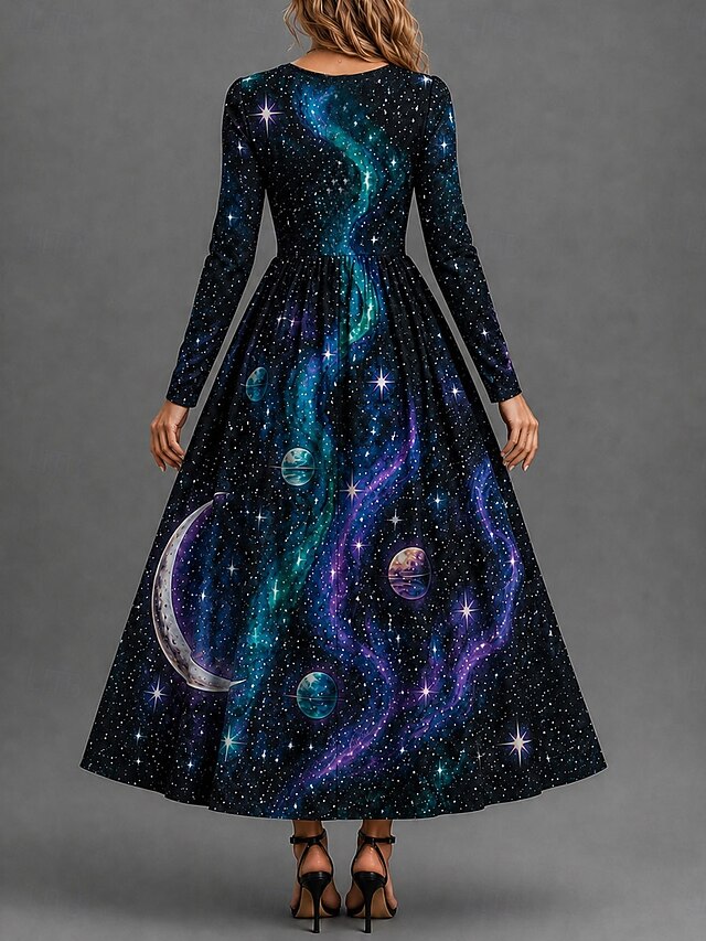 Halloween Women's Maxi Dress A Line Dress Vintage Boho Party Ombre Graphic Cat Long Sleeve V Neck Blue Purple Orange Fall Winter - Purple