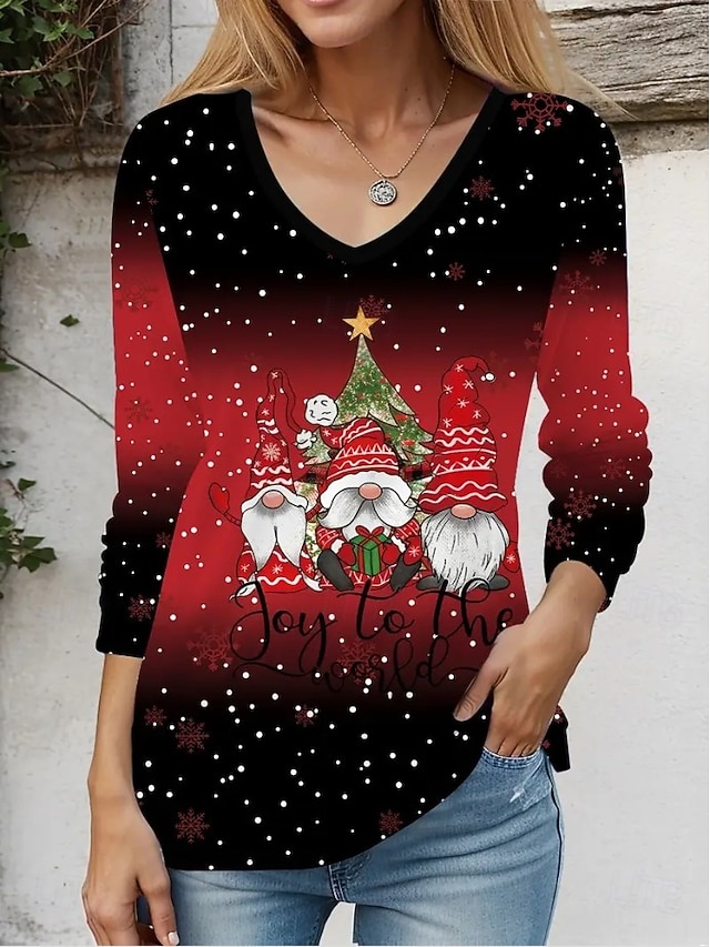 Christmas Women's T Shirt Graphic Vintage Stylish Classic Long Sleeve V Neck Regular Tops Daily Print White / Black Black+White+Red Black Wine Red Spring Fall Winter - Black