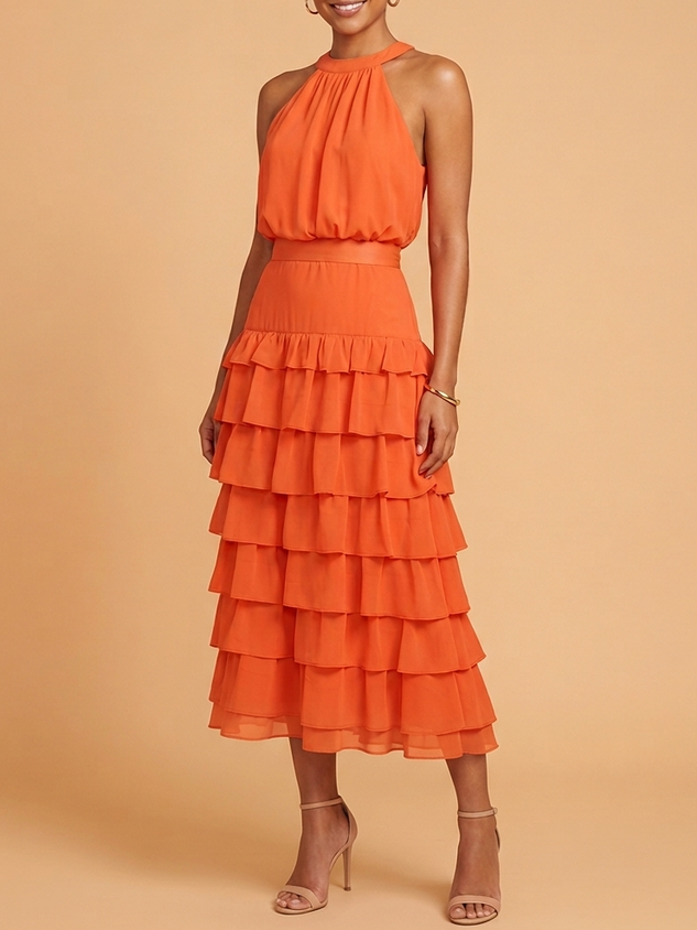 Burnt Orange Halter Tiered Ruffle Maxi Bridesmaid Dress