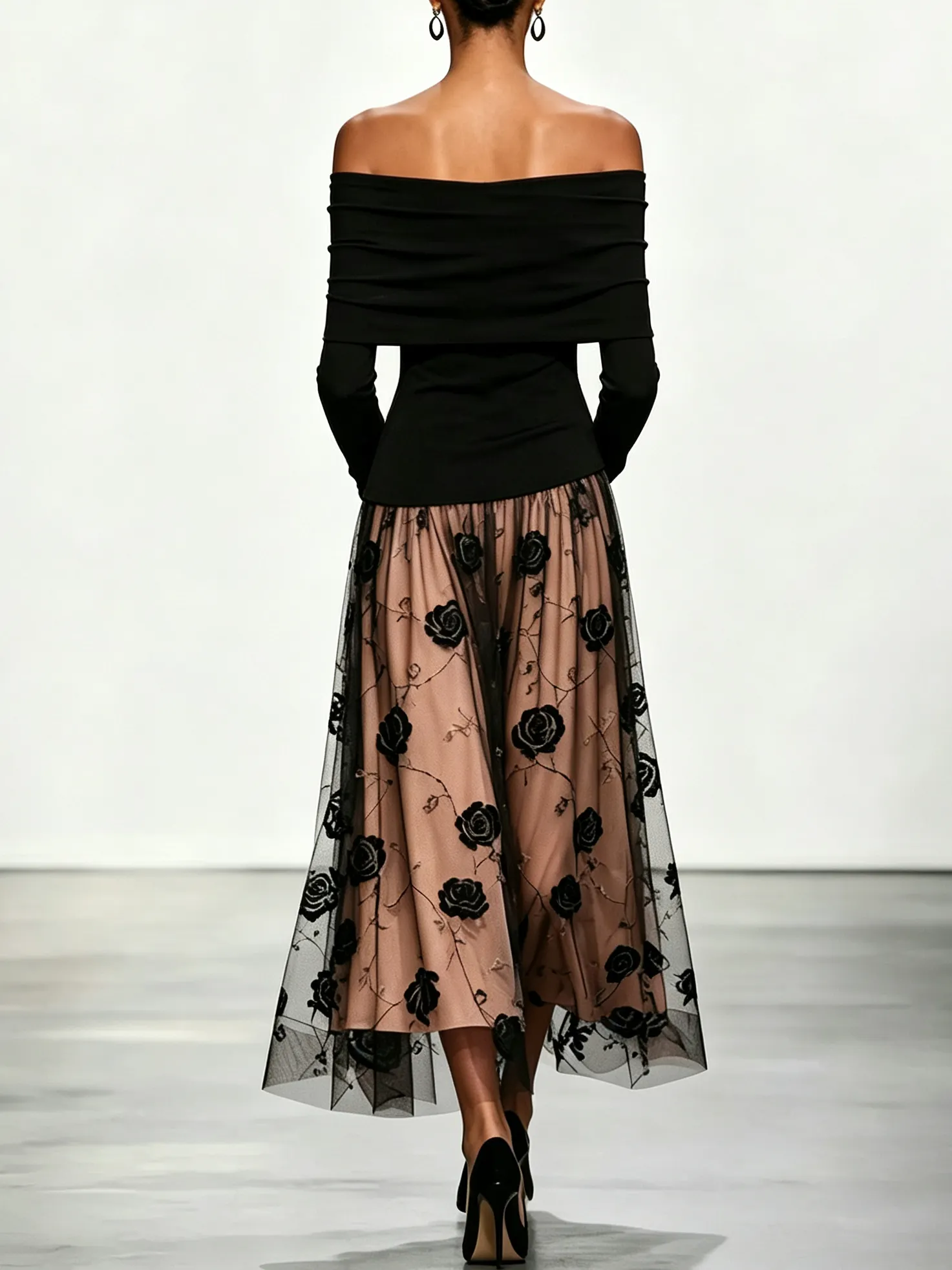 Black Knit Off The Shoulder Long Sleeve A-Line Maxi Dress - Black