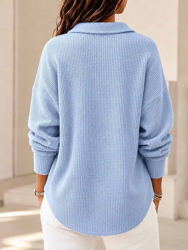 Women's Waffle Polo Shirts Blouse Knit Shirts Texture Buttons Solid Color Vintage Stylish Long Sleeve Collar V Neck Shirt Collar Long Tops Casual Daily Going out Halloween Orange Blue White Yellow - Blue