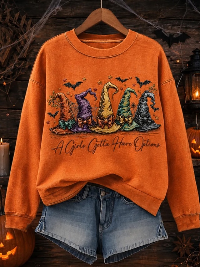 Halloween Women's Pullover Sweatshirt Print Graphic Letter Halloween Fashion Casual Long Sleeve Crew Neck Regular Tops Casual Street Dailywear Orange red Pink Purple Orange Fall Winter - Orange red