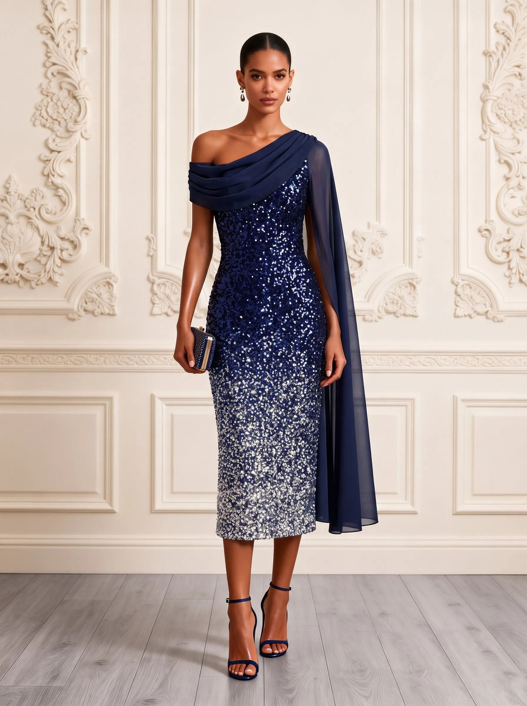 Navy Blue Ruched Sequin Asymmetrical Short Sleeve Sheath Midi Dress