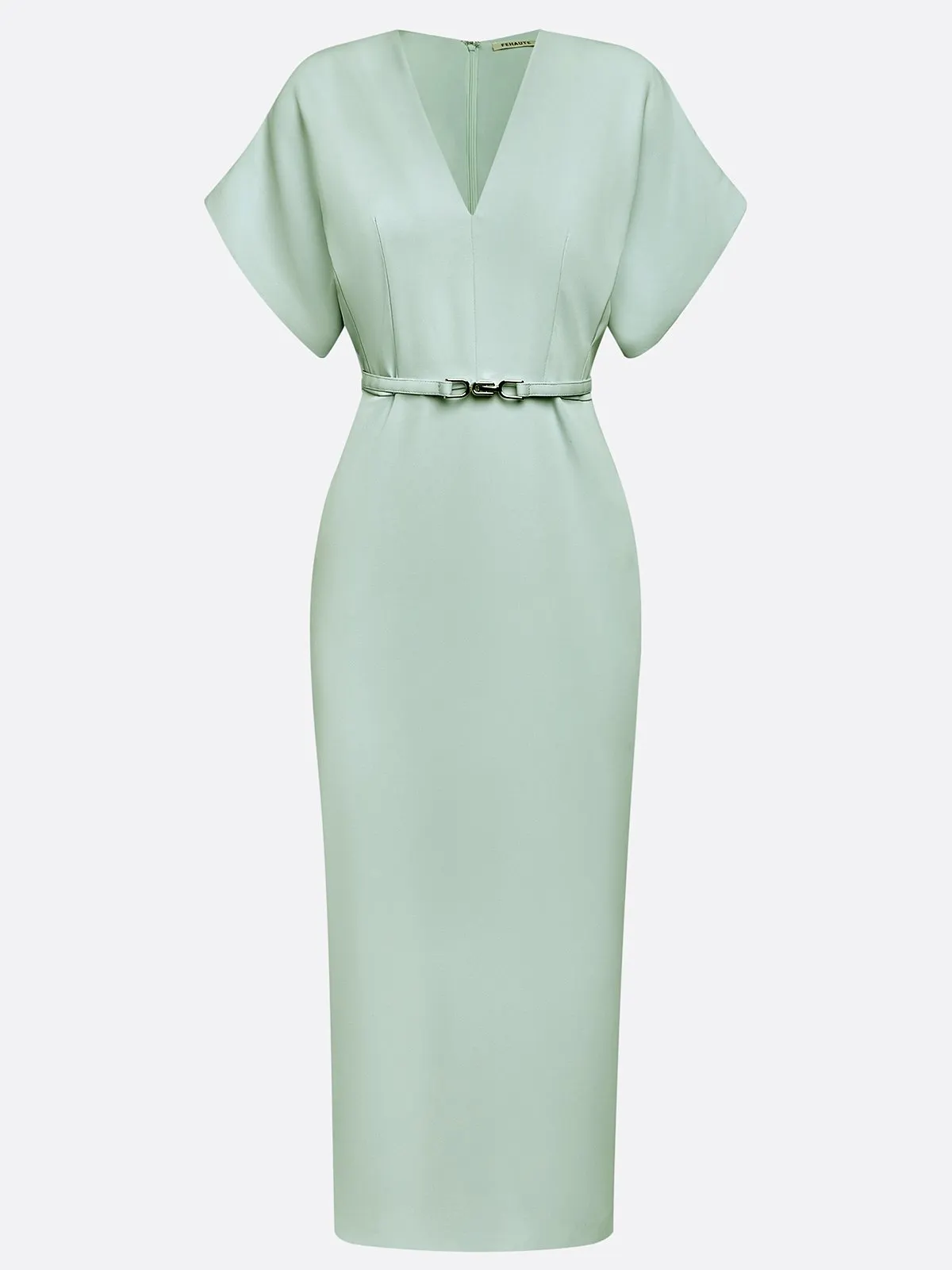 Light Green Slit Classic V Neck Cap Sleeve Dolman Sleeve Sheath Midi Dress