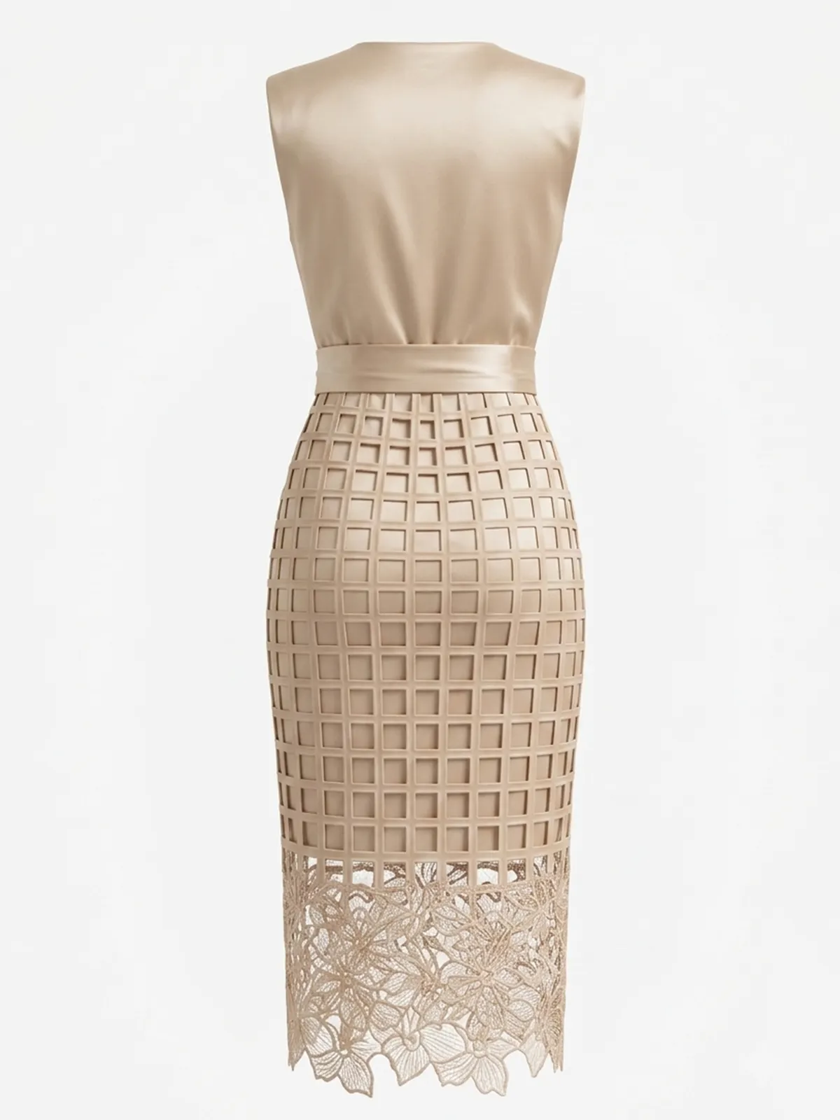 Women Champagne Lace Crew Neck Sleeveless Elegant Top With Skirt Two-Piece Set