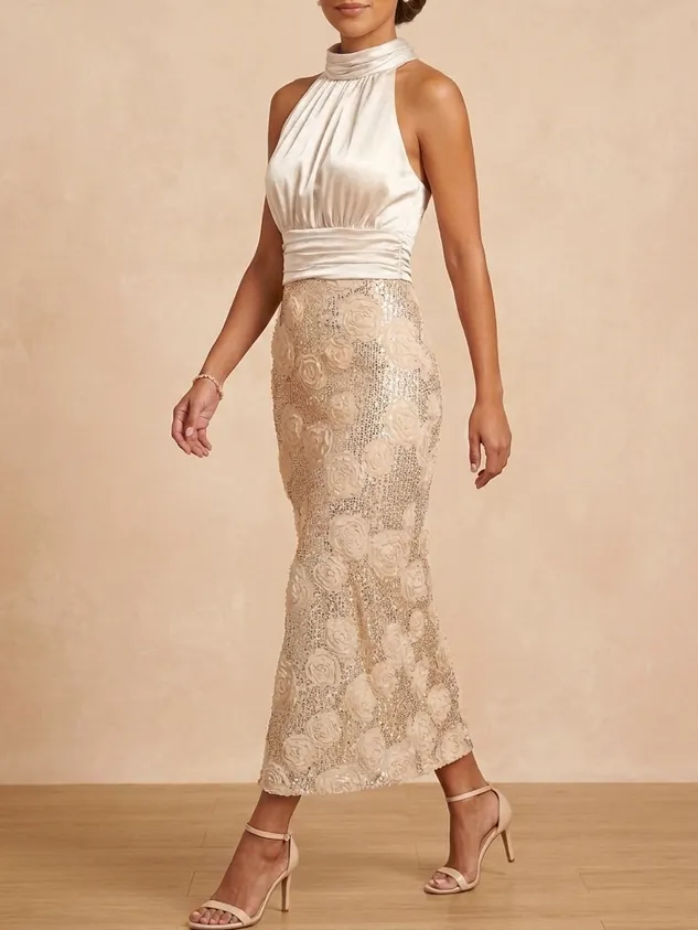 Champagne Mock Neck Satin and Rose Sequin Mother of the Bride Dress