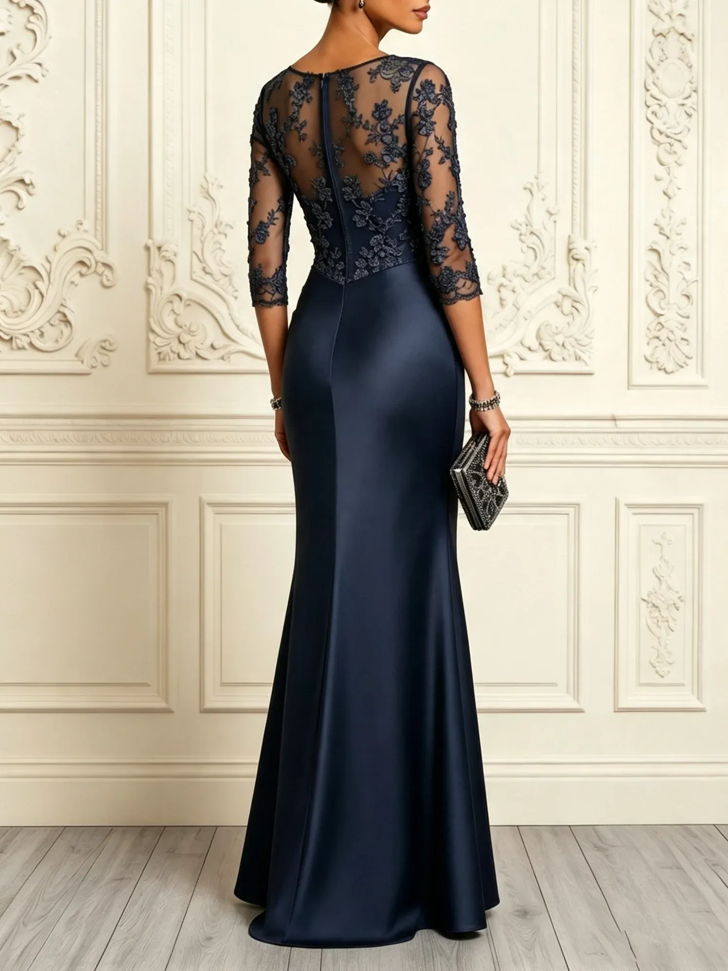 Purplish Blue 3D Floral Ruched Satin Crew Neck Half Sleeve Mermaid Floor-length Gown Dress