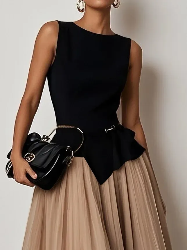 Light Khaki Pleated Asymmetrical Boat Neck Top with Skirt Two-Piece Set With Belt