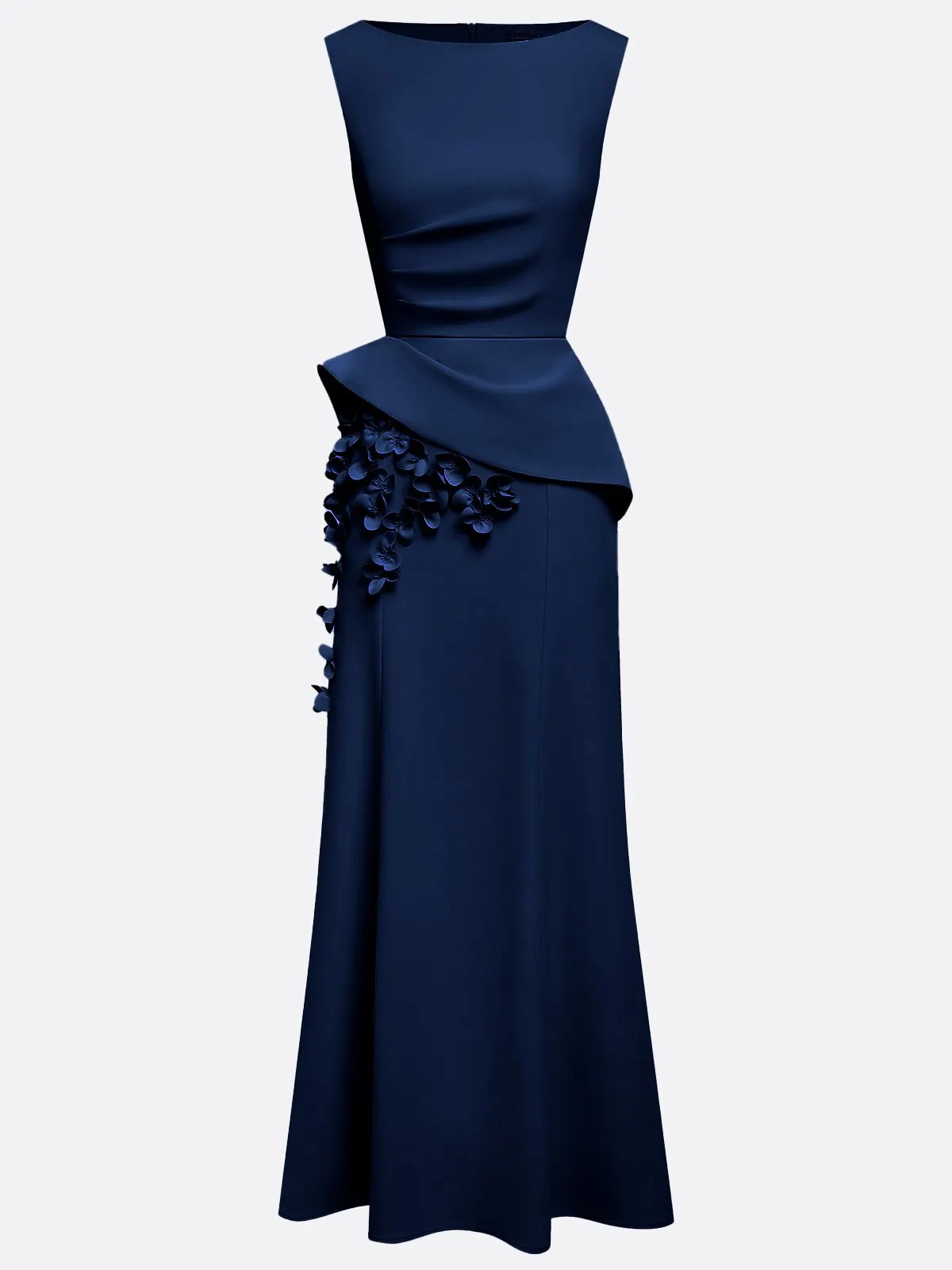 Navy Blue 3D Floral Classic Boat Neck Sleeveless Sheath Gown Dress