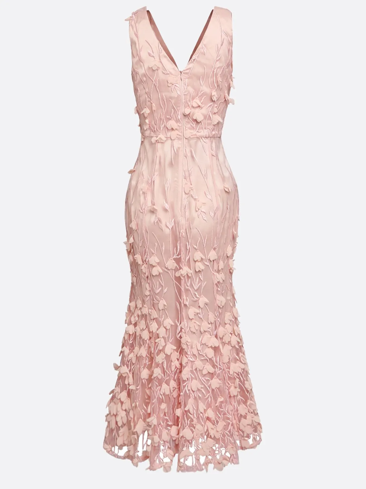 Light Pink 3D Floral Appliqué Embroidery Classic V Neck Sleeveless Mermaid Midi Dress