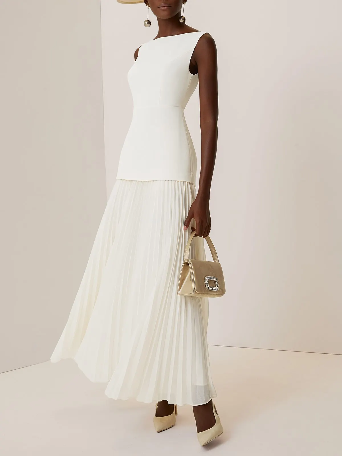 Off White Pleated Classic Boat Neck Sleeveless A-Line Floor-length Gown Dress - Off White